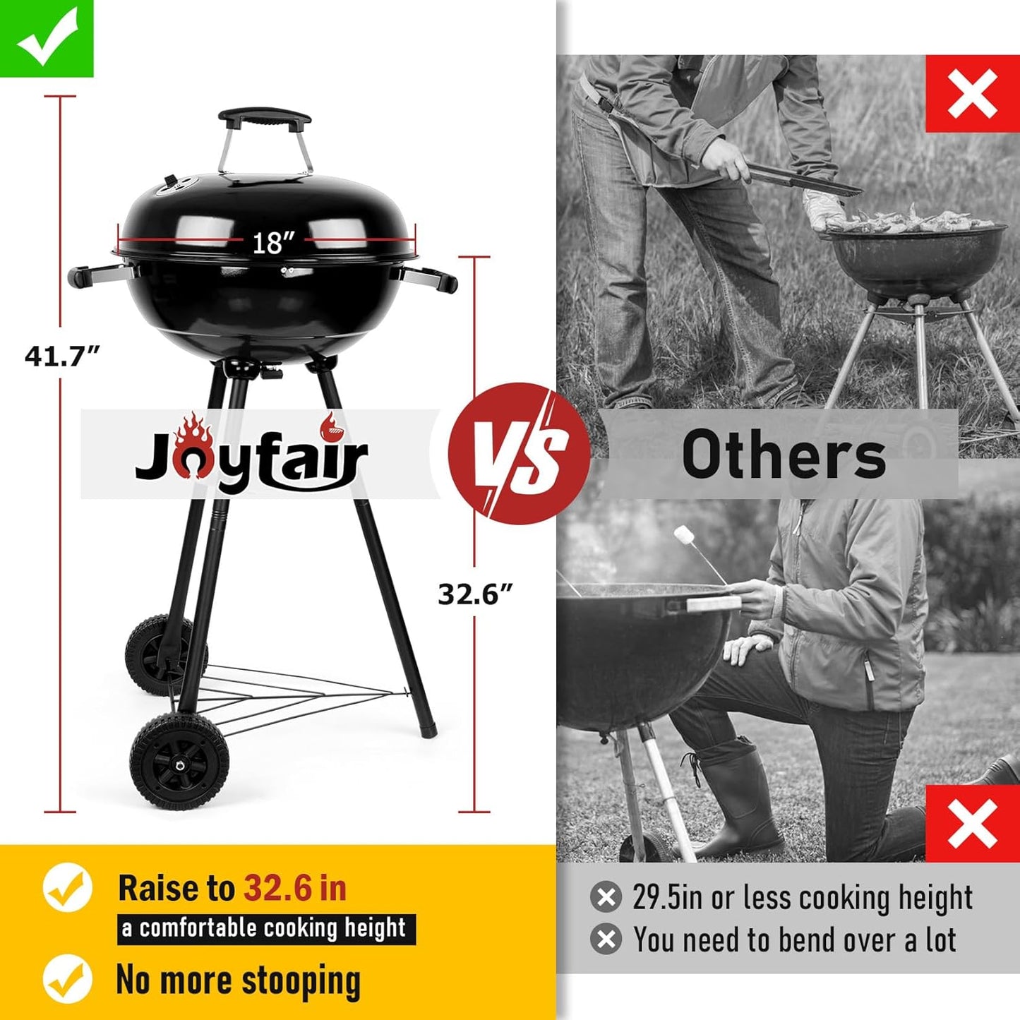 Joyfair Kettle Charcoal Grill (18 Inch), Outdoor Barbecue Grill for Camping/Backyard/Tabletop Grilling, Portable Round Smoker with Wheels, Enameled Lid & Fire Bowl, Dual Venting System, Black