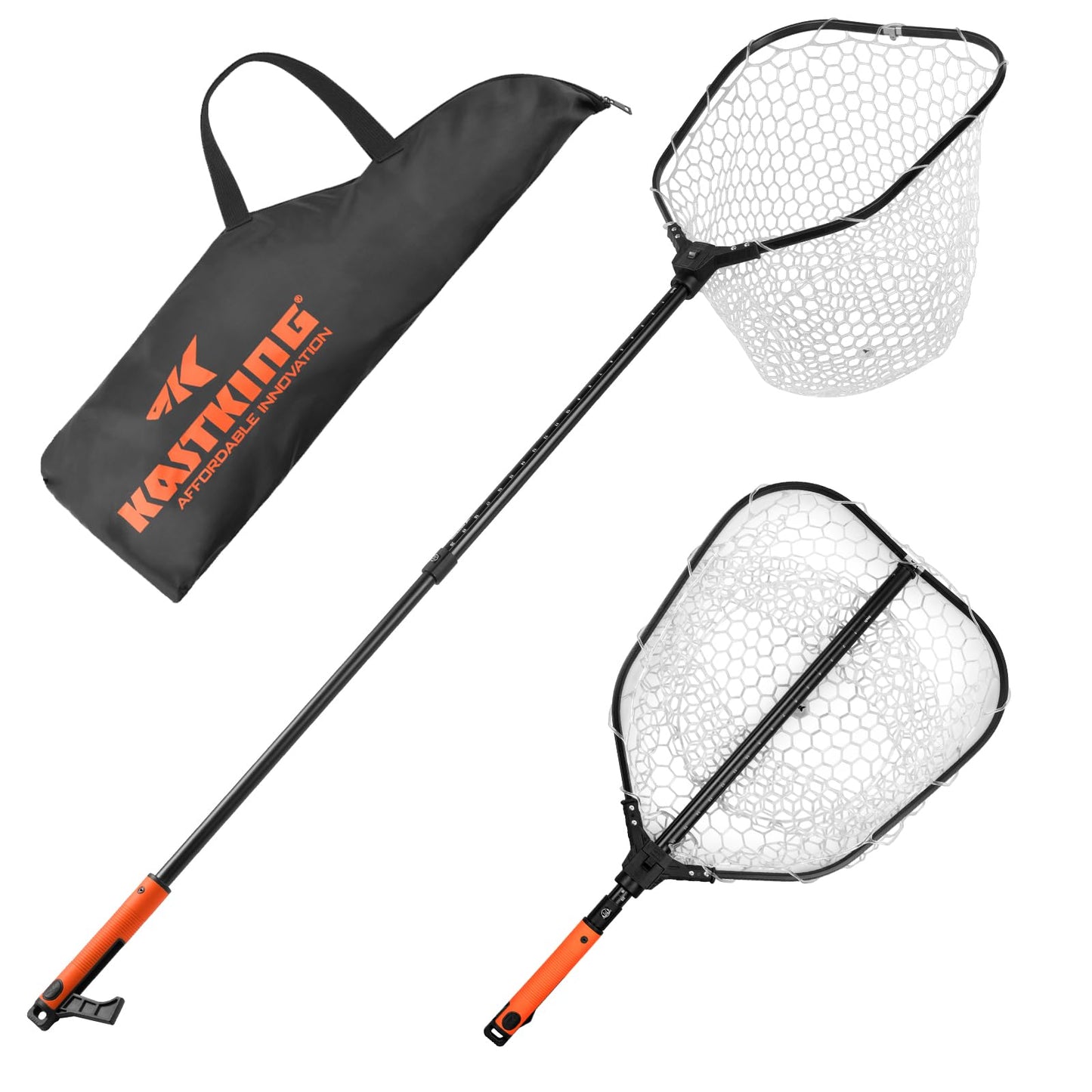 KastKing Brutus Folding Landing Net with Boat Hook, Foldable, Extendable, Lightweight & Strong, Multi-Functional Built-in Boat Hook, Non-Slip & Bright Orange TPR Handle, Two Nets Options