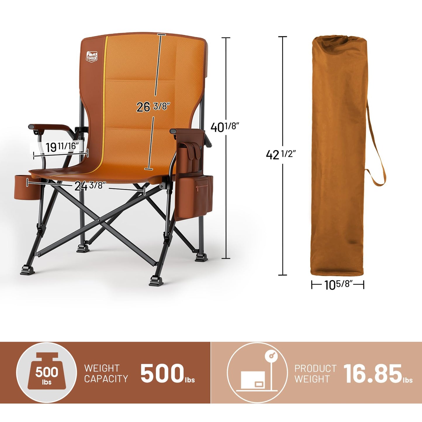 TIMBER RIDGE Oversized Folding Camping Chair High Back Heavy Duty for Adults Support up to 500lbs with Cup Holder, Side Pocket Cooler Bag
