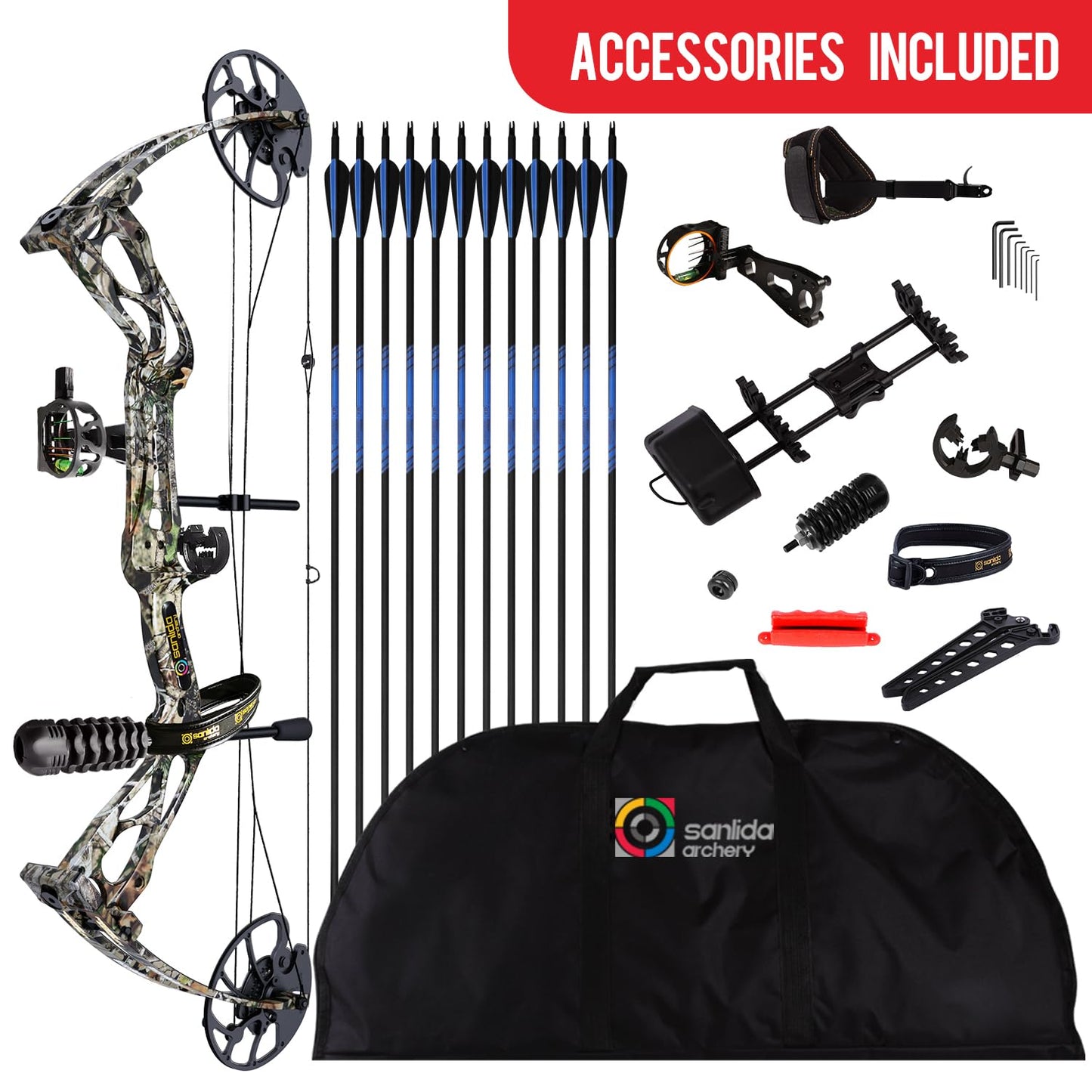 Sanlida Archery Dragon X8 RTH Compound Bow Package for Adults and Teens,18”-31” Draw Length,0-70 Lbs Weight,up to IBO 310 fps,No Press Needed,Limbs Made in USA,Limited Life-time Warranty