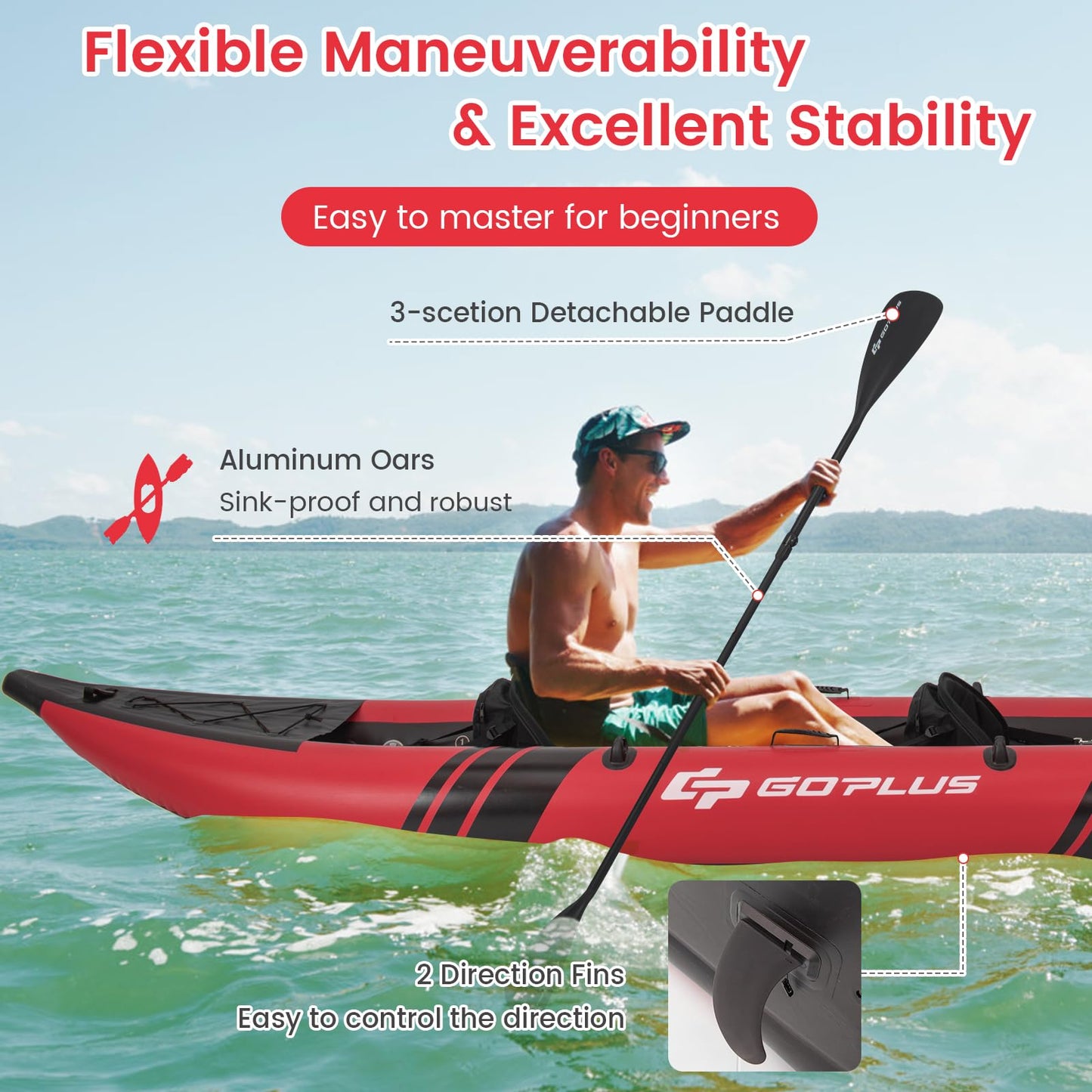 Goplus Inflatable Kayak, 2-Person Kayak Set for Adults with 507 LBS Weight Capacity, 2 Aluminium Oars, EVA Padded Seat, 2 Fins, Hand Pump, Carry Bag, Repair Kit, Portable Touring Kayaks