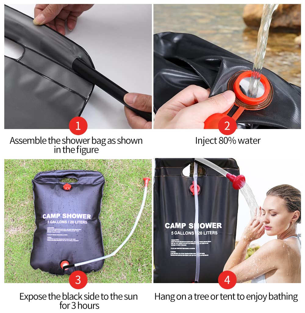DkOvn Solar Shower Bag, 1/2/4 Pack 5 Gallons/20L Camping Shower Bag, Portable Shower Bag with Removable Hose and On-Off Switchable Shower Head for Camping Beach Swimming Outdoor Traveling