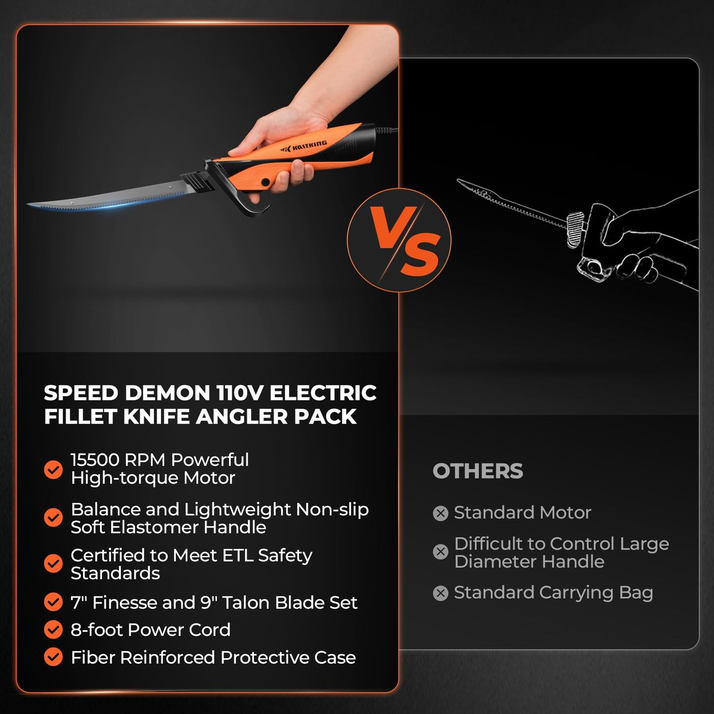 KastKing Speed Demon 110v Electric Fillet Knife, Precision Cut with High Torque Motor, ETL Certified Safety, Balanced Lightweight Handle, 2 Sets of Stainless-steel Blades