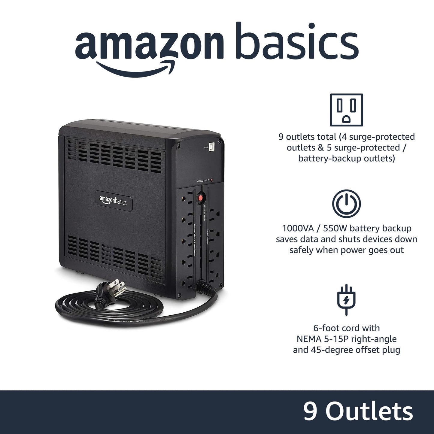 Amazon Basics UPS Battery Backup & Surge Protector, 1000VA/550W, 9 Outlets, Line Interactive Uninterruptible Power Supply with AVR Sinewave Technology, Black