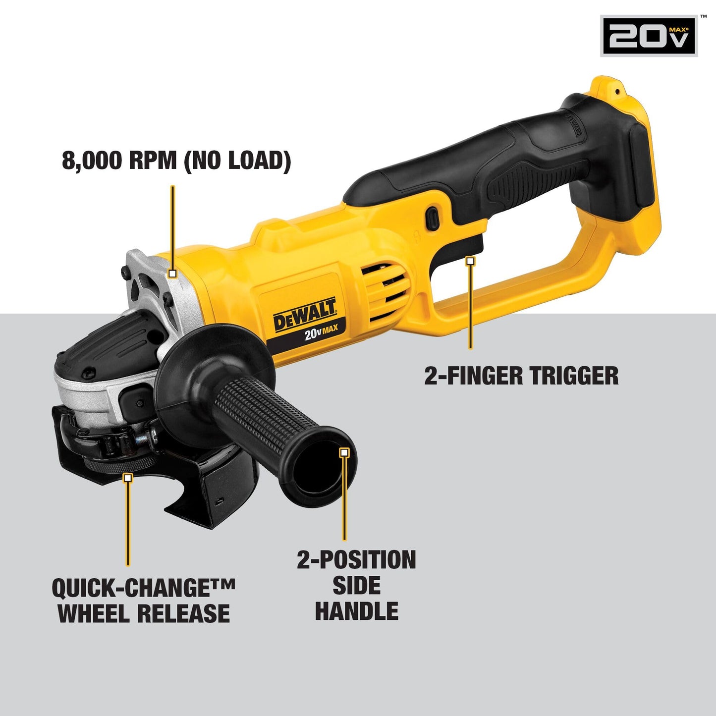DEWALT 20V MAX* Angle Grinder Tool Cordless Brushless, 4 1/2 Inch, with Paddle Switch and Kickback Brake, Tool Only (DCG413B)