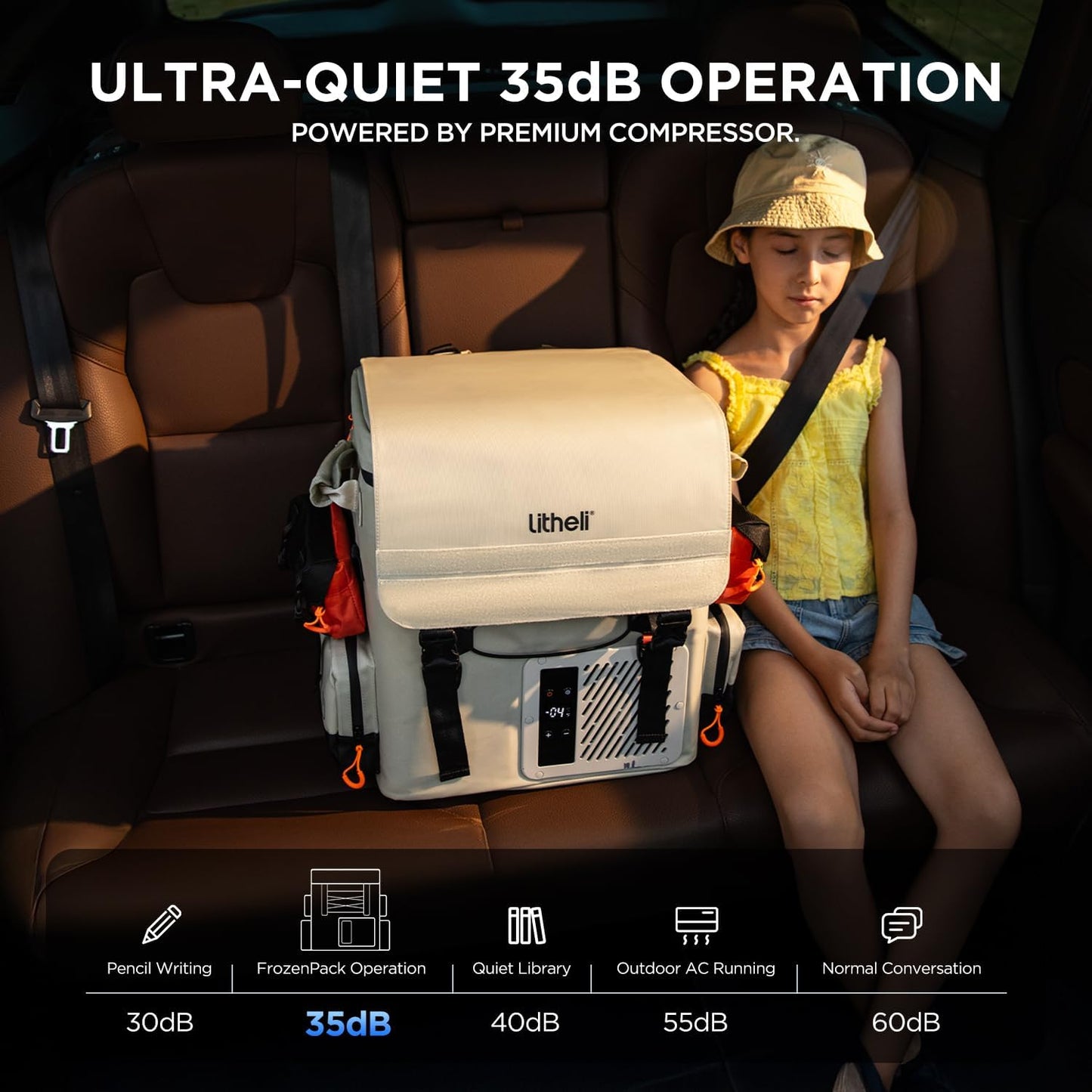 Litheli FrozenPack Battery powered 12V Portable Car Fridge 20L (21QT), -4-68℉, 12/24V DC 110/240V AC Backpack Refrigerator for Camping, Ebike,Travel, RV, Powered by Battery, 15mins Rapid Cooling