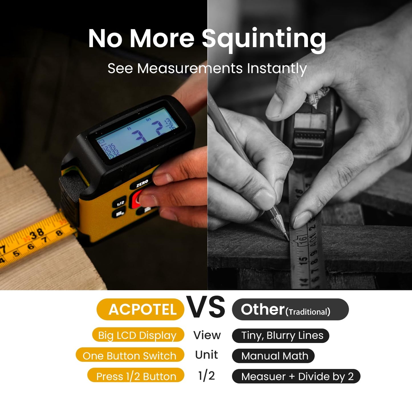 Digital Tape Measure 2 in 1, 16FT with Display, Smart Tape Measure, Area Volume Measuring Pythagorean Mode, Waterproof and Rechargeable,1/2 Self Centering, 20 Groups Historical Memory