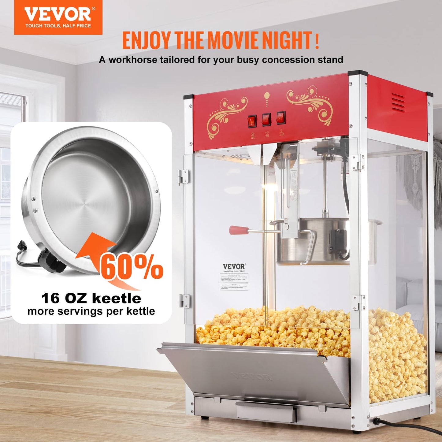 VEVOR Commercial Popcorn Machine, 8 Oz Kettle, 850 W Countertop Popcorn Maker for 48 Cups per Batch, Theater Style Popper with 3-Switch Control Steel Frame Tempered Glass Doors 2 Scoops 2 Spoons, Red