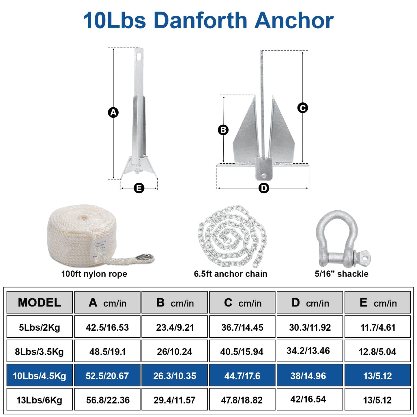 Leero Heavy Duty Boat Anchor Kit with Anchor Chain, Shackle and Anchor Rope, 5/8/10 lb Portable Danforth Anchor, Boat Anchor for Pontoons, Fishing Boats, Bass Boats, Sport Boats, Sport Yachts