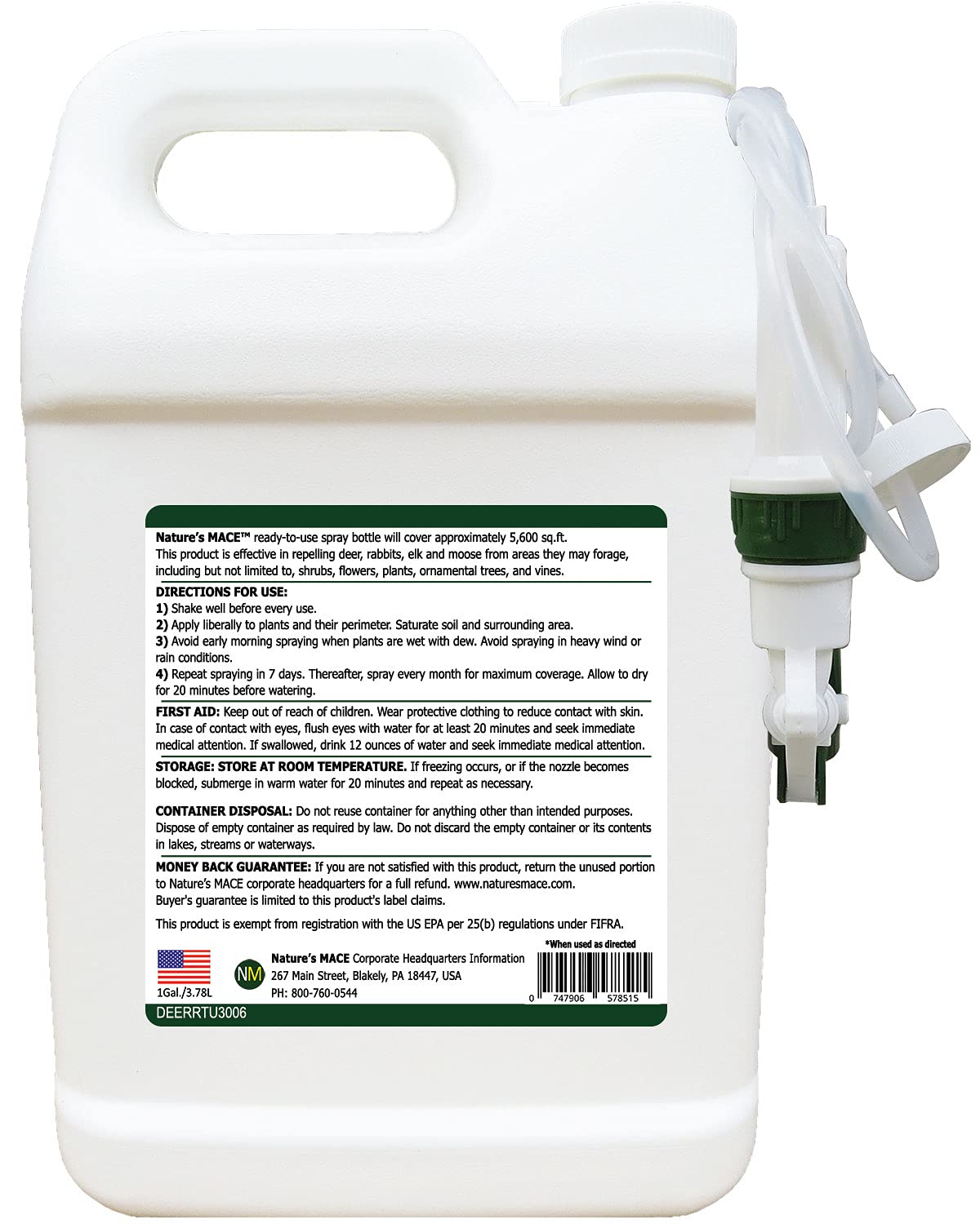 Nature's MACE Deer and Rabbit Repellent 5 Gal Concentrate, Covers 10 Acres,Repel Deer from Your Home & Garden, Safe to use Around Children, Plants & Produce, Protect Your Garden Instantly