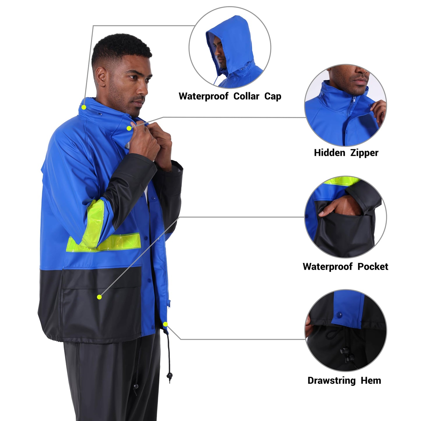 Men's Workwear PRO Rain Suit - Waterproof Jacket and Bib Pants 3-piece Set for Ultimate Safety and Comfort