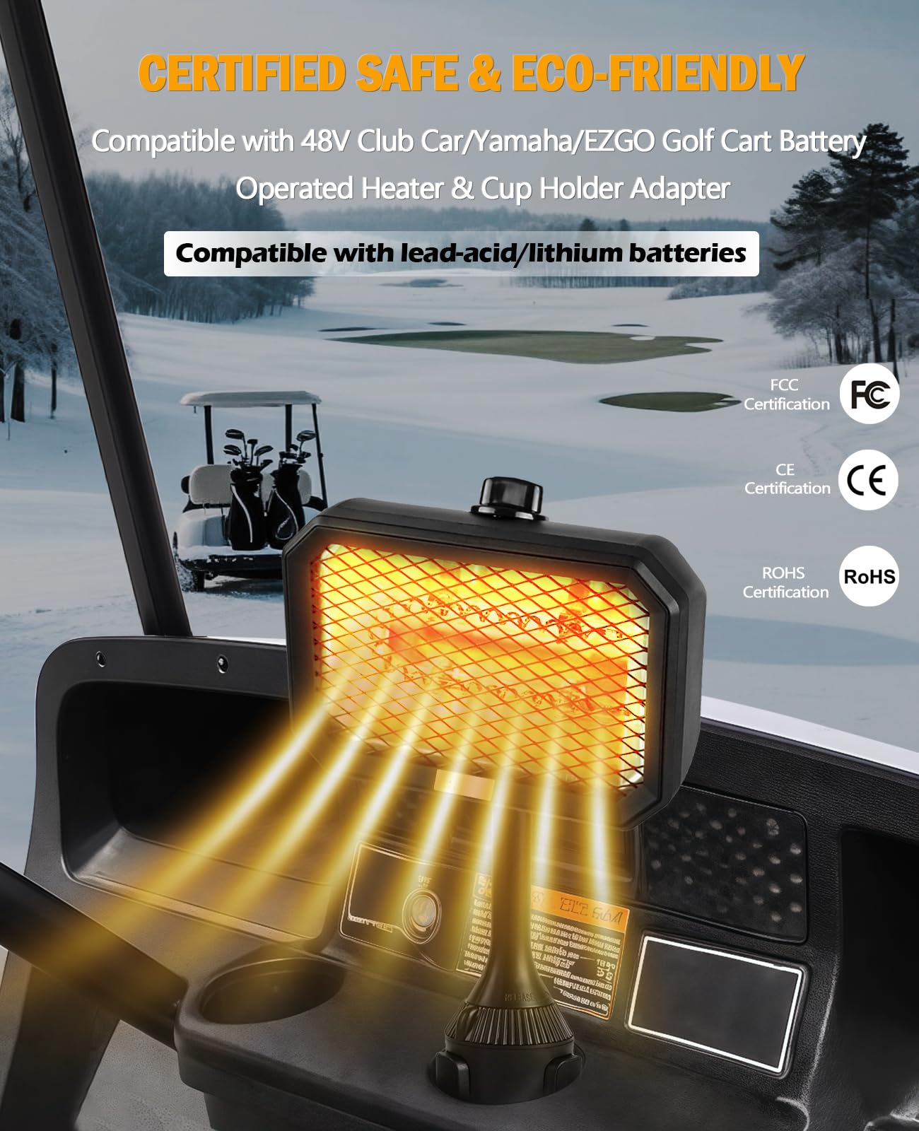 UNIGT Golf Cart Electric Heater, 400W Safe and Quiet Carbon Fiber Heating, Heat Up 120 Square Feet for 48V Club Car/Yamaha/EZGO Golf Cart Battery Operated Heater & Cup Holder Adapter, Black