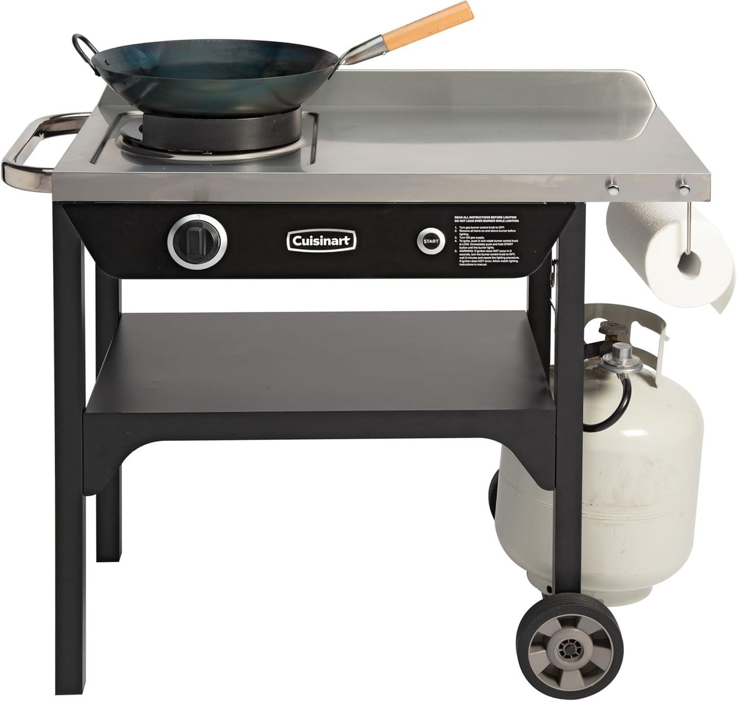 Cuisinart Outdoor Wok Station, 50,000 BTU Propane Outdoor Wok Burner with Prep Table, 14" Carbon Steel Fry Pan, Stainless Steel Side Table, Storage, Outdoor Cooking Station for Stir Fry, Searing, BBQ