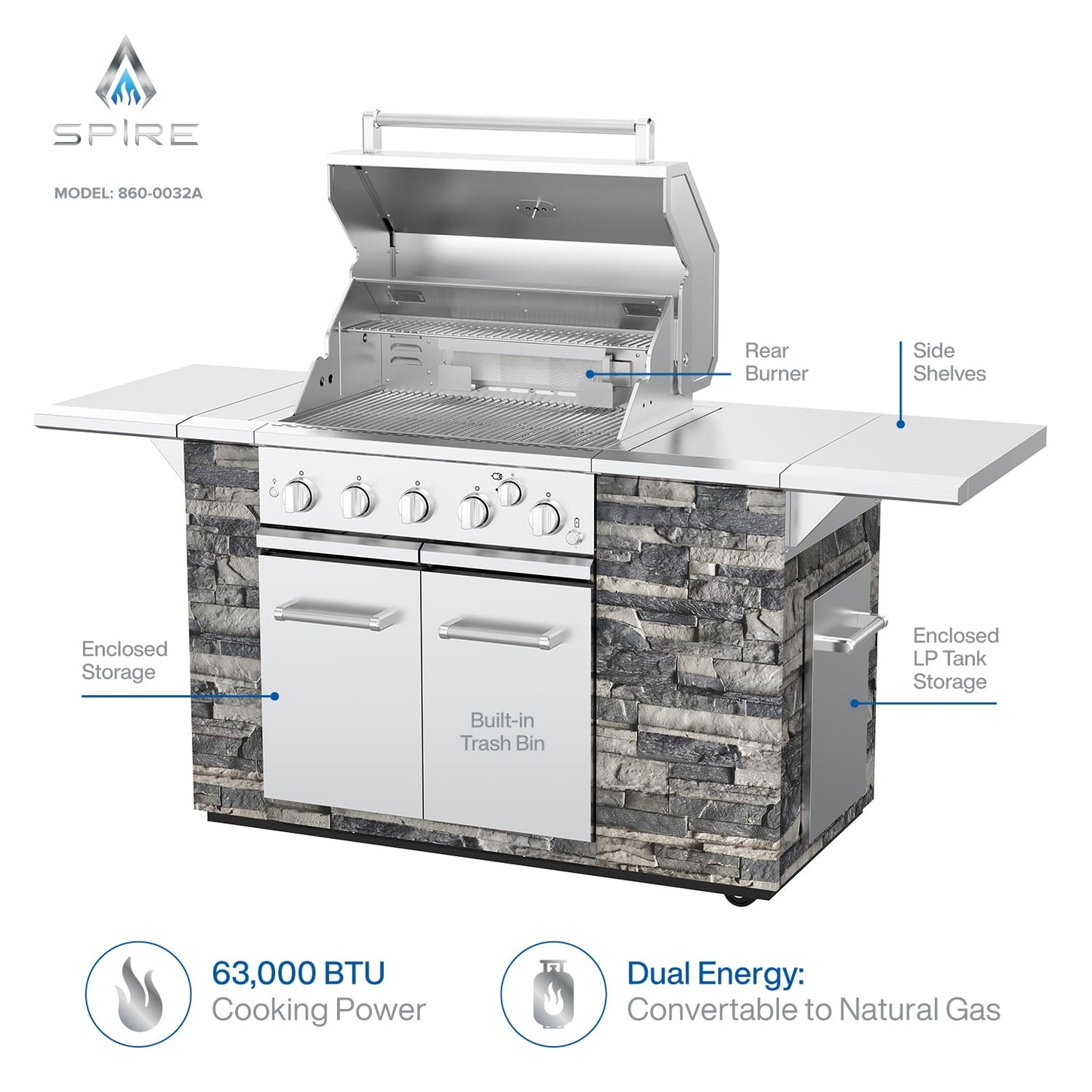 Spire Premium 5 Burner Built In Gas Grill Island Head, Stainless Steel 30 Inch Propane Grill with Rear Burner, 63,000 BTUs, 750 SQ In Racks, Dual Fuel Compatibility - 740-0788P