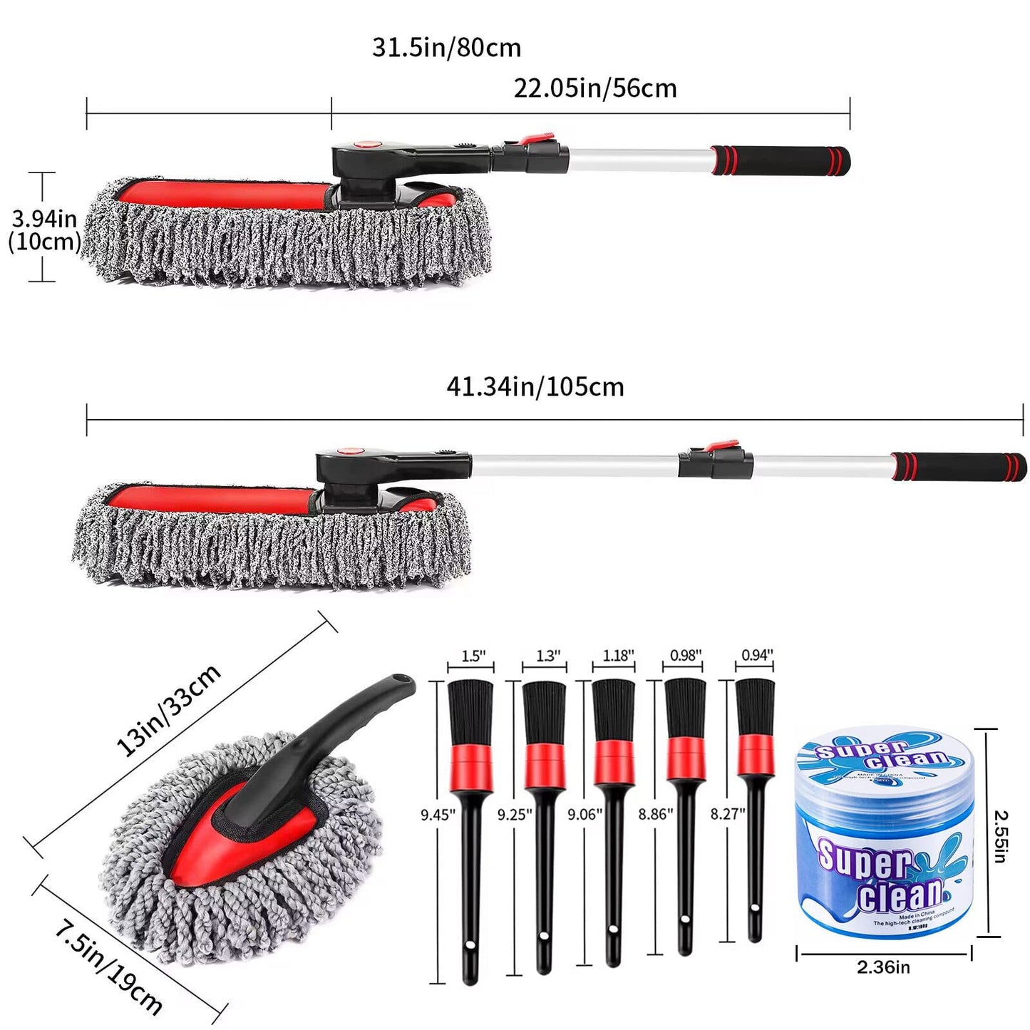 62'' Car Wash Brush with Long Handle Chenille Microfiber Car Wash Mop Mitt Car Cleaning Kit Windshield Window Squeegee Car Duster Microfiber Towels Wheel Tire Brush for Cars RV Truck Boat