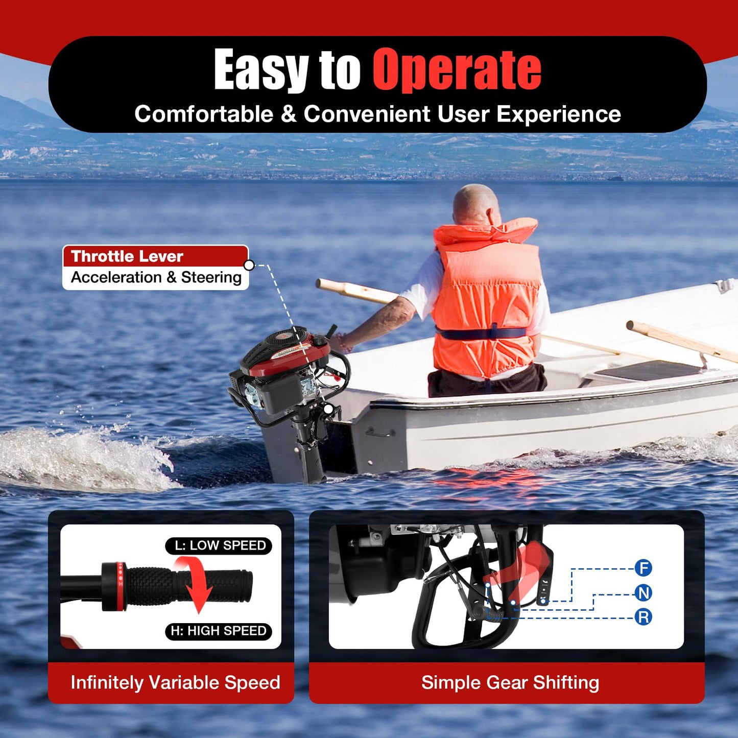 Outboard Motor, Heavy Duty Fishing Boat Engine Manual Start Kayak Motor w/Air-cooling & TCI Ignition System for yachts, kayaks, Wooden Boats, Foam Boats, Rubber Boats, etc. (196CC 7.5HP 4Stroke)