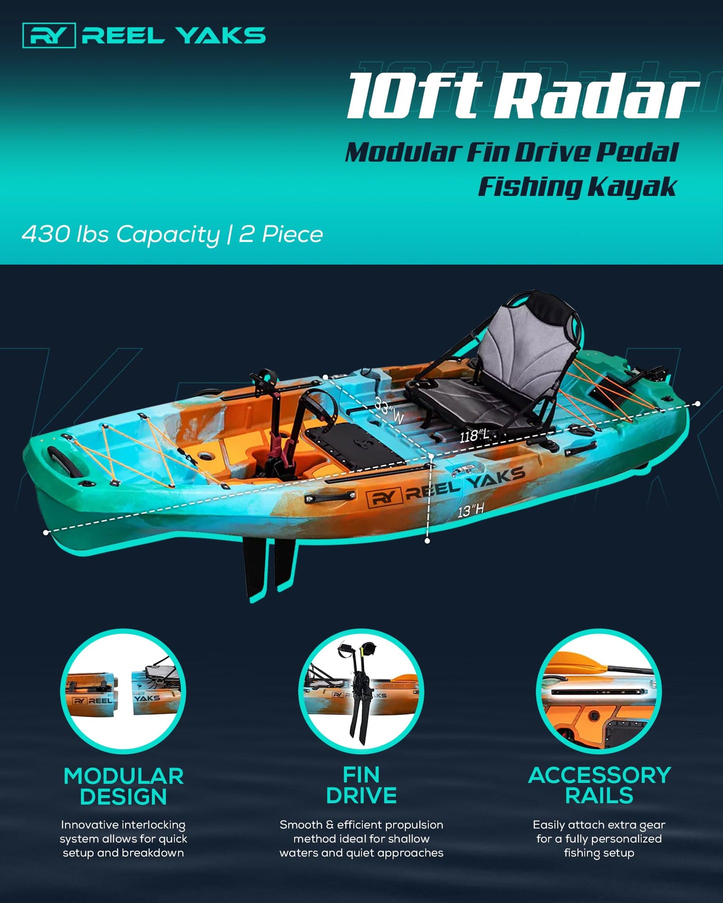 Reel Yaks Radar Modular Fishing Kayak - Fin Drive, 10ft, 400 lbs Capacity, Sunrise - Pedal Fishing Kayaks for Adults & Youth, Sit on Top, Compact Storage, Lightweight, Durable, Easy Transport