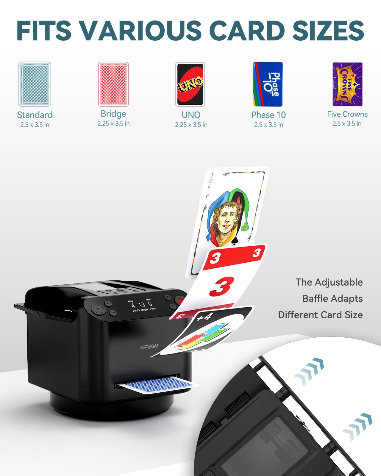 KPAW Automatic Card Shuffler and Dealer - 1-2 Decks Support 12 Players, 4 Drawing Remotes, Built-in Gameplays, 360°/180° Deal, for Poker, UNO, Phase 10, Skip-Bo, Rummy (Black)