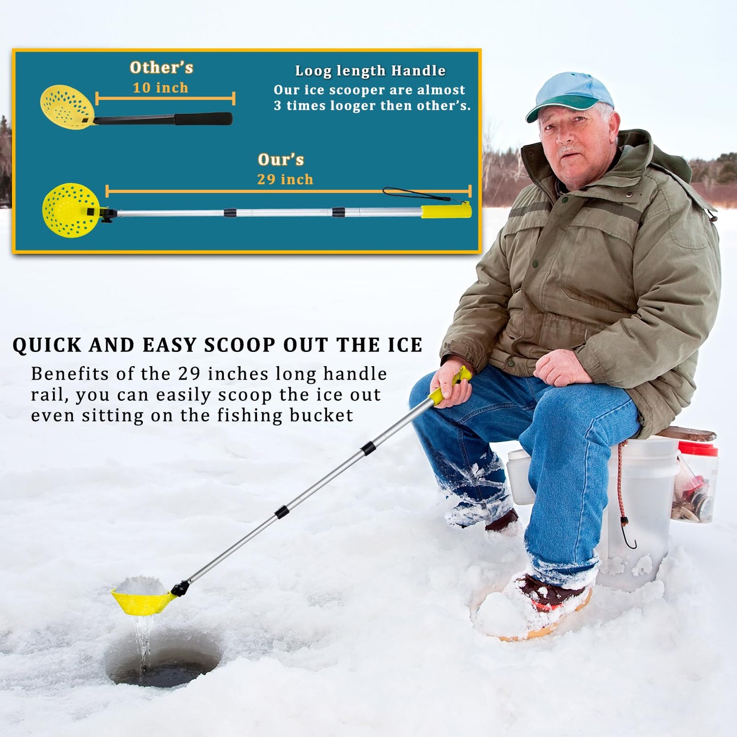 Retractable Ice Fishing Scoop Skimmer, Ice Fishing Accessories, Long Length, And Larger Spoon, No More Bending Over To Scoop Out Ice While Ice Fishing, Ice Fishing Gear