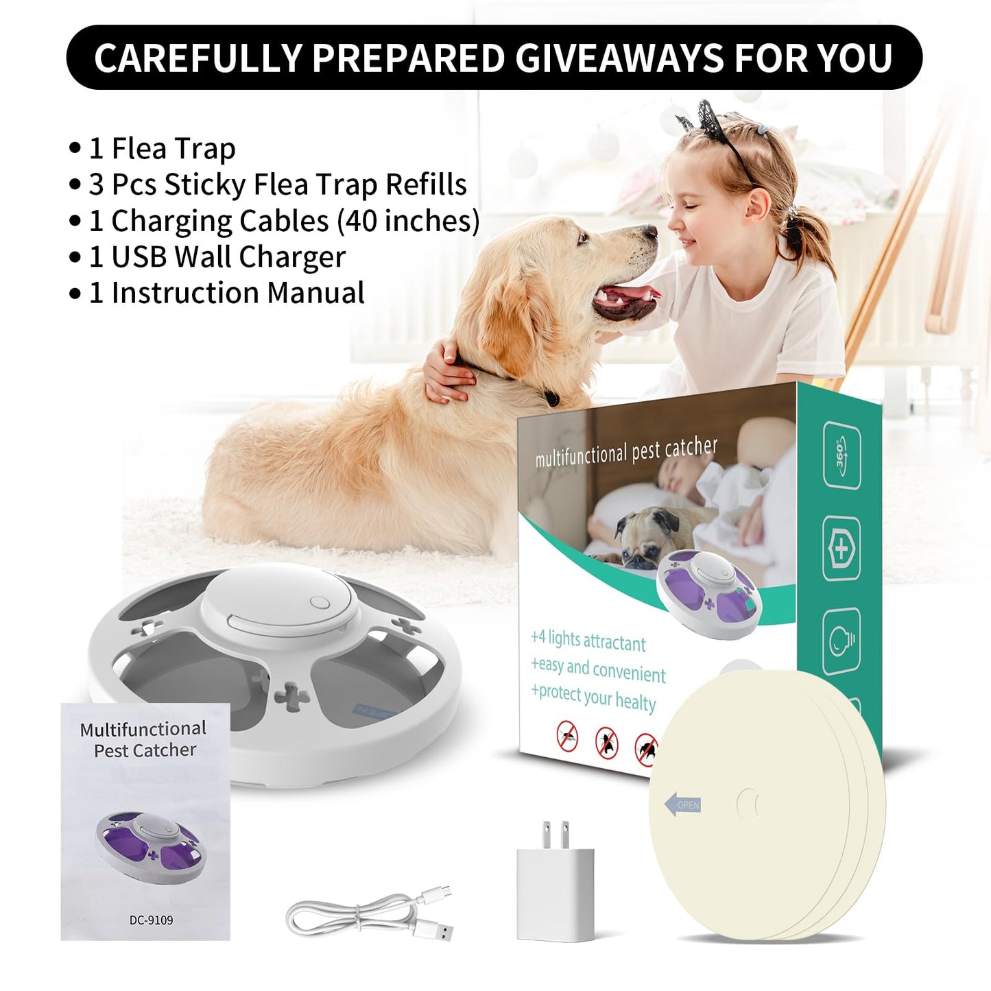2 Packs Flea Traps for Inside Your Home with 6 Sticky Pads, Flea Light Traps Kills Fleas in House, Hanging Flea Lamp with USB Cable Pest Control for Bugs Moths Gnats Indoor and Outdoor