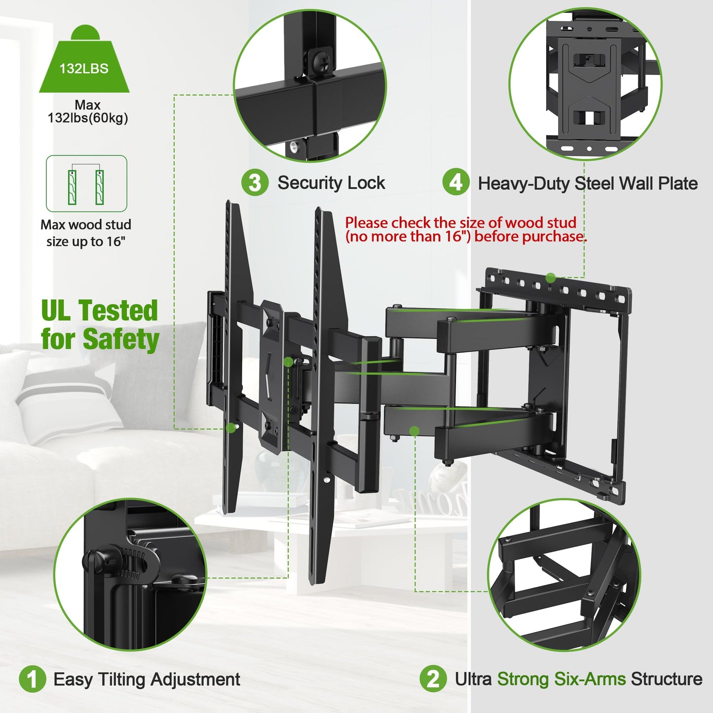 USX Mount Full Motion TV Wall Mount for Most 42-86 inch Flat Screen/LED/4K, TV Mount Bracket Dual Swivel Articulating Tilt 6 Arms, Max 16" Wood Studs, VESA 600x400mm, Holds up to 132lbs