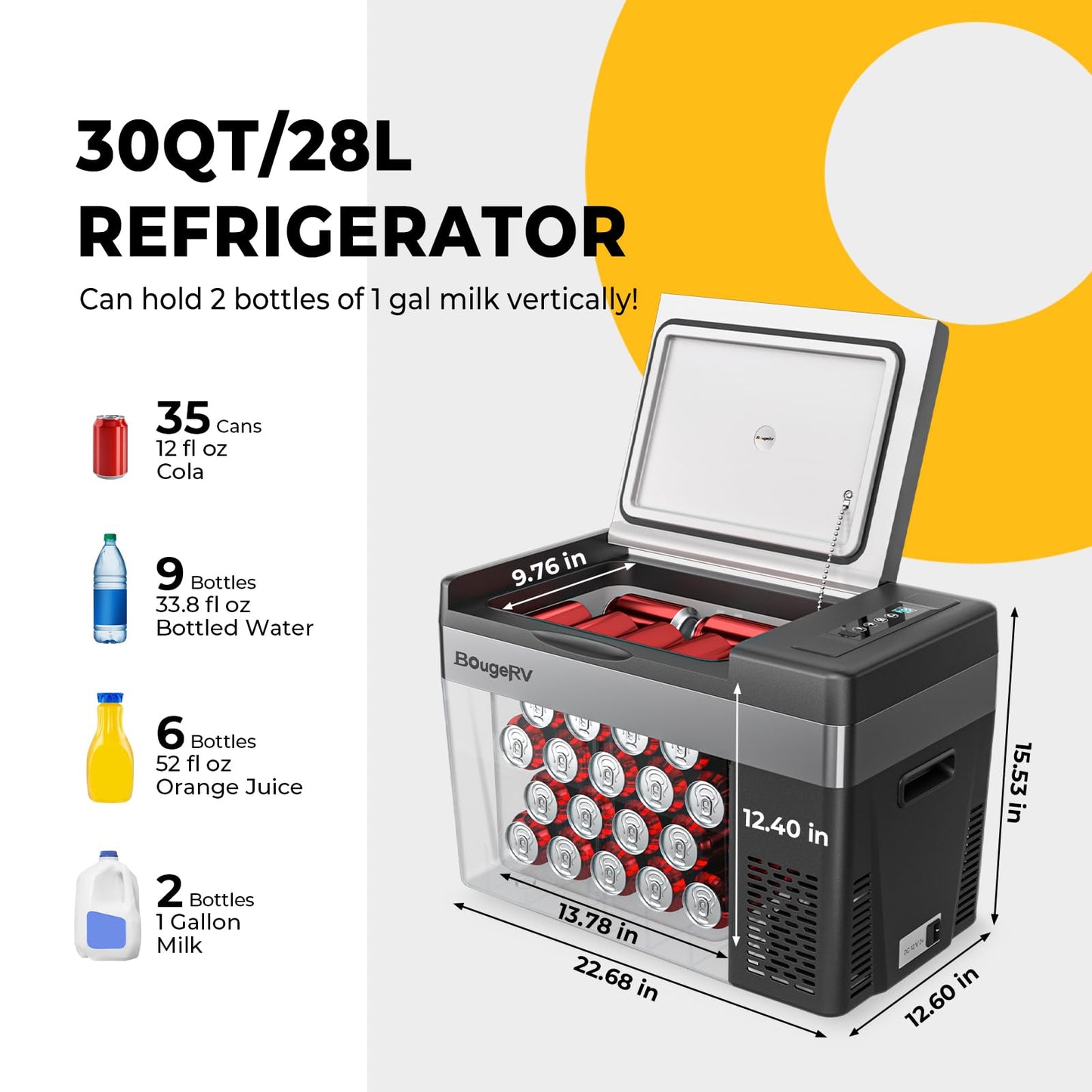 BougeRV 12 Volt Refrigerator 12V Car Fridge 23 Quart Portable Freezer Compressor Cooler 12/24V DC 110~240 Volt AC for Truck Van RV Camper SUV Travel Camping Road Trips Tailgating -7℉~50℉