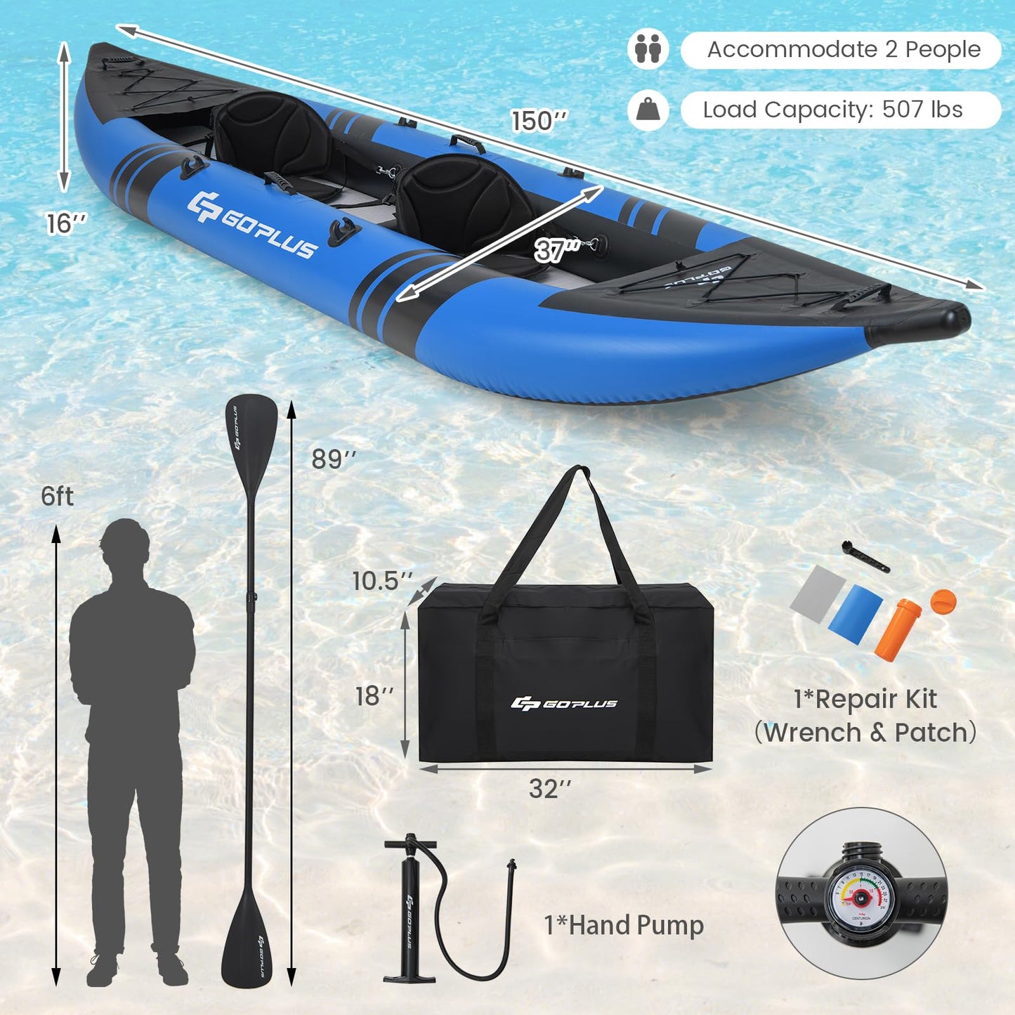 Goplus Inflatable Kayak, 2-Person Kayak Set for Adults with 507 LBS Weight Capacity, 2 Aluminium Oars, EVA Padded Seat, 2 Fins, Hand Pump, Carry Bag, Repair Kit, Portable Touring Kayaks