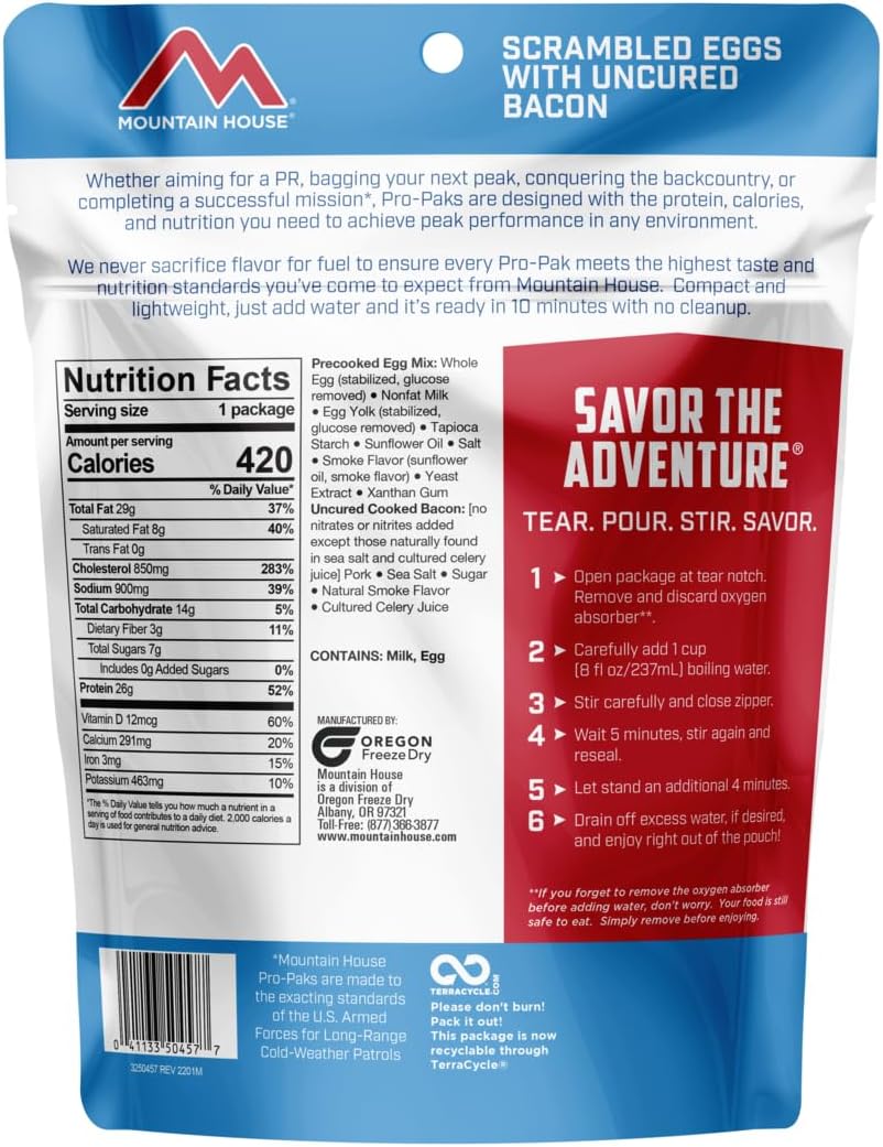 Mountain House Scrambled Eggs with Uncured Bacon Pro-Pak | Freeze Dried Backpacking & Camping Food | Gluten-Free | 1 Serving