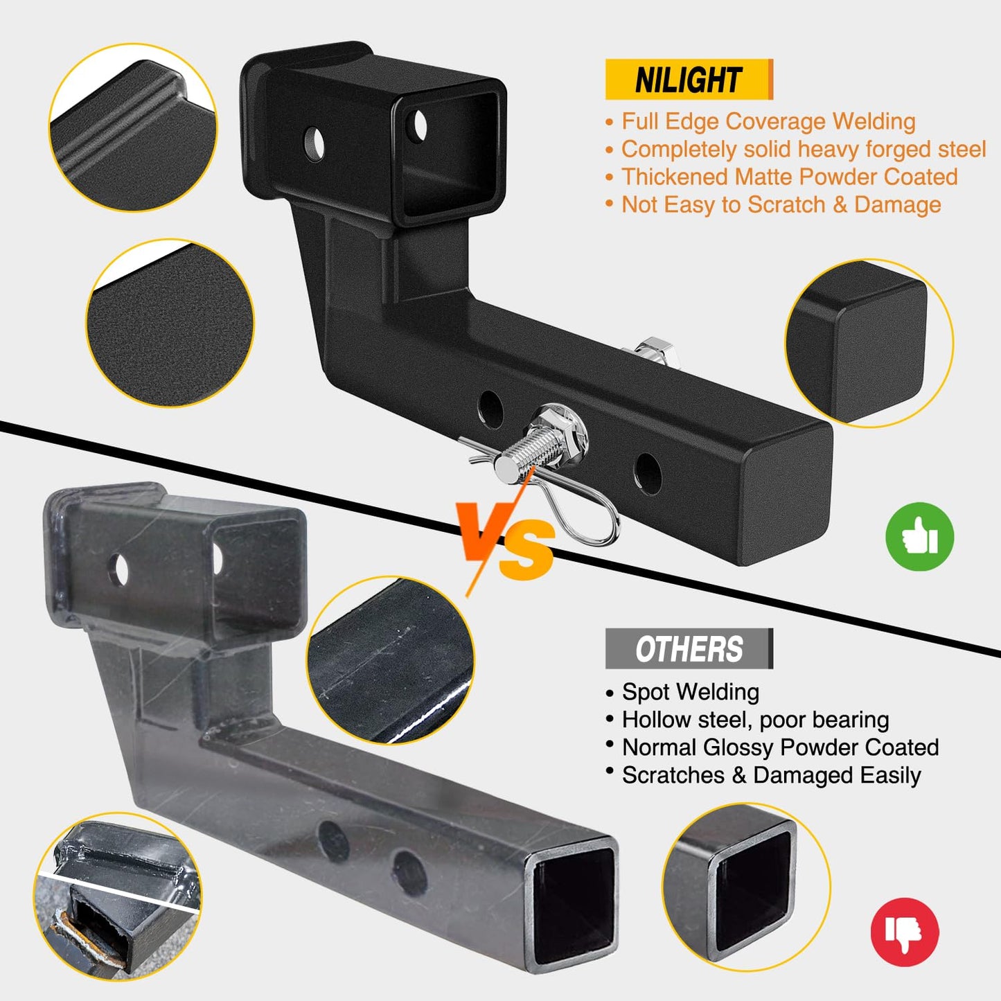 Nilight Trailer Hitch Receiver Extender Adapter Reducer 1-1/4 to 2Inch Hitch Adapter 6-1/2 inch Extension Sleeve Convertor 350Lbs with 1/2-Inch Diameter Pin and Clip with 5/8-Inch Adapter