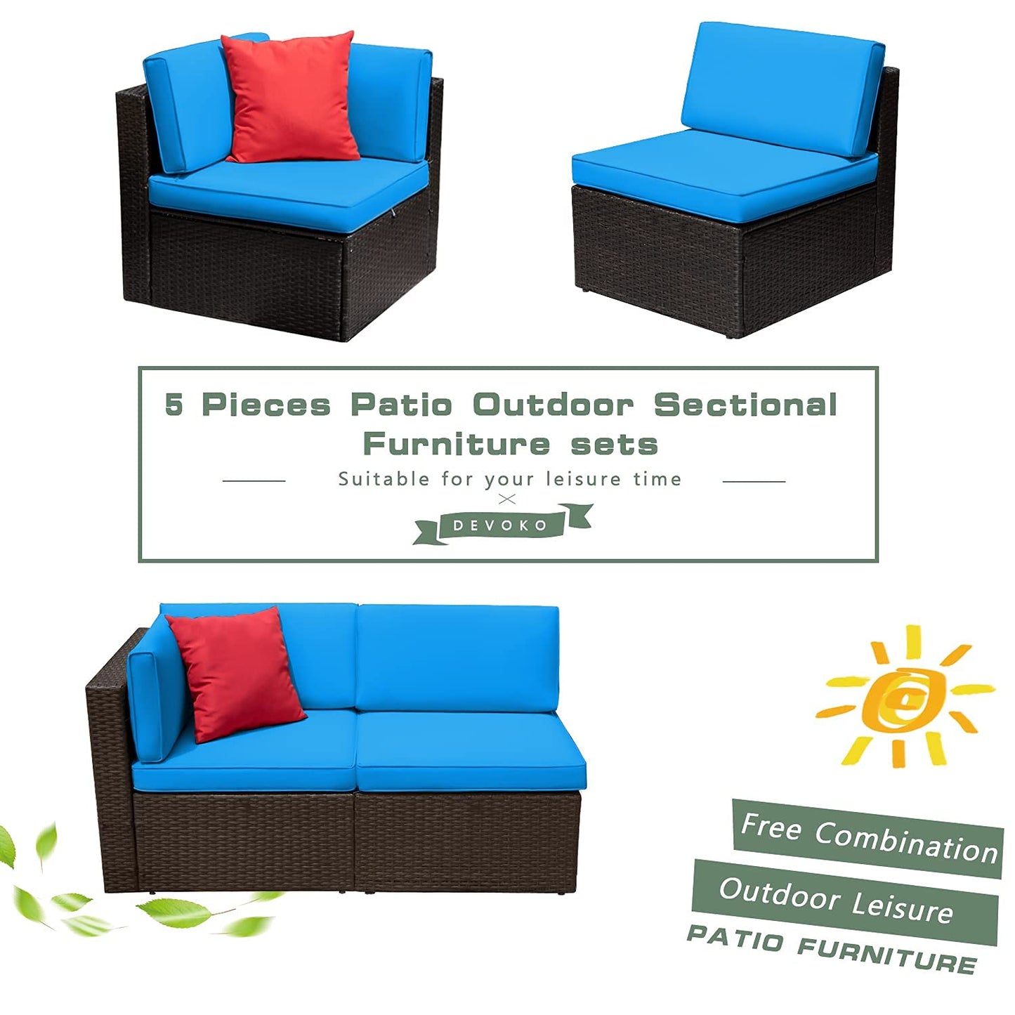 Devoko 5 Pieces Patio Furniture Sets All Weather Outdoor Sectional Patio Sofa Manual Weaving Wicker Rattan Patio Seating Sofas with Cushion and Glass Table(Beige)