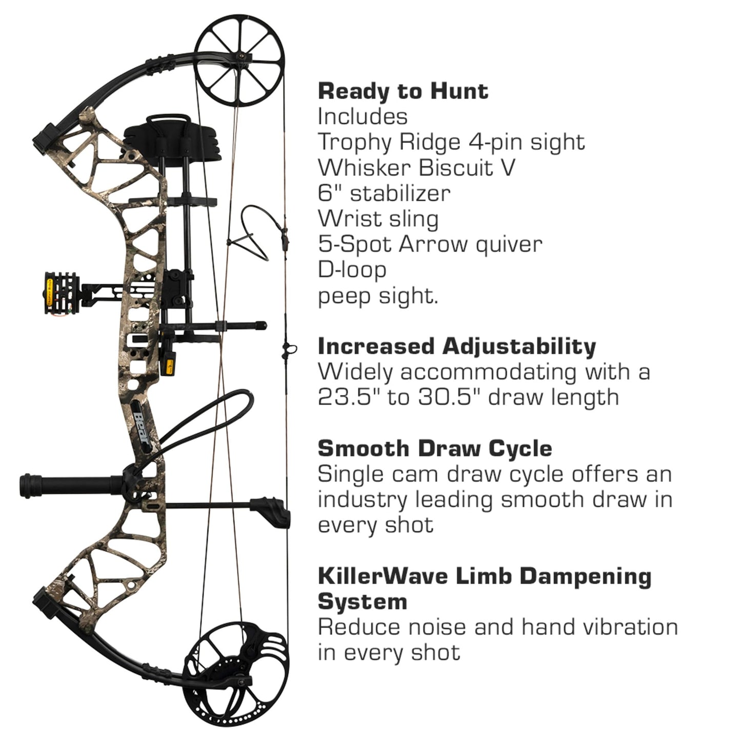 Bear Archery Species EV Ready to Hunt Adult Compound Bow Package, 23.5”- 30.5” Draw Length, 55-70 and 45-60 Lbs Draw Weight, Up to 320 FPS, Made in USA, Limited Life-Time Warranty