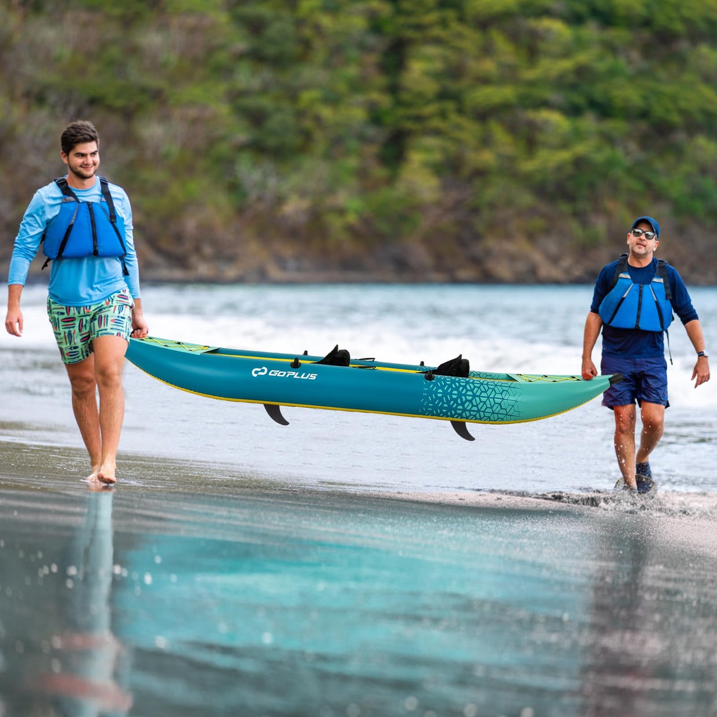 Goplus Inflatable Kayak, 2-Person Kayak Set for Adults with 507 LBS Weight Capacity, 2 Aluminium Oars, EVA Padded Seat, 2 Fins, Hand Pump, Carry Bag, Repair Kit, Portable Touring Kayaks