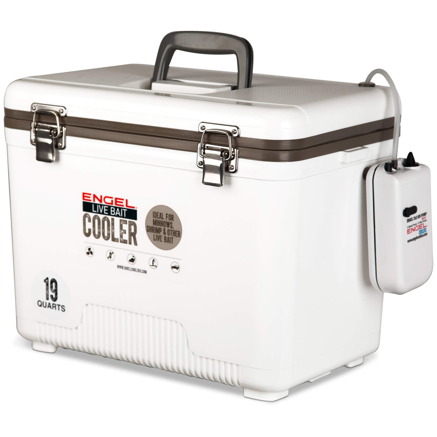 Engel Live Bait Cooler Box with 2nd Gen 2-Speed Aerator Pump - Portable Fishing Station & Minnow Bucket for Shrimp & Other Live Fish with Aerator - ENGLBC-N