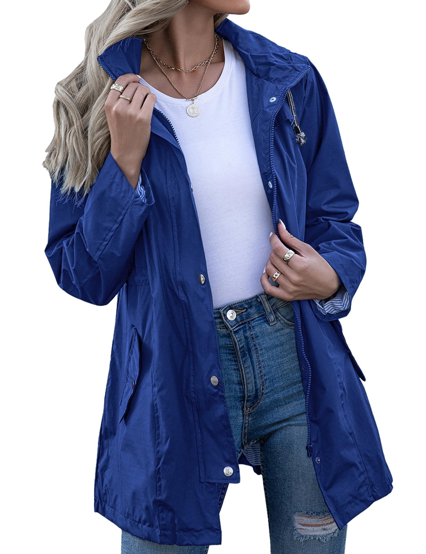 Rain Jacket Women Striped Lined Hooded Lightweight Raincoat Outdoor Waterproof Windbreaker