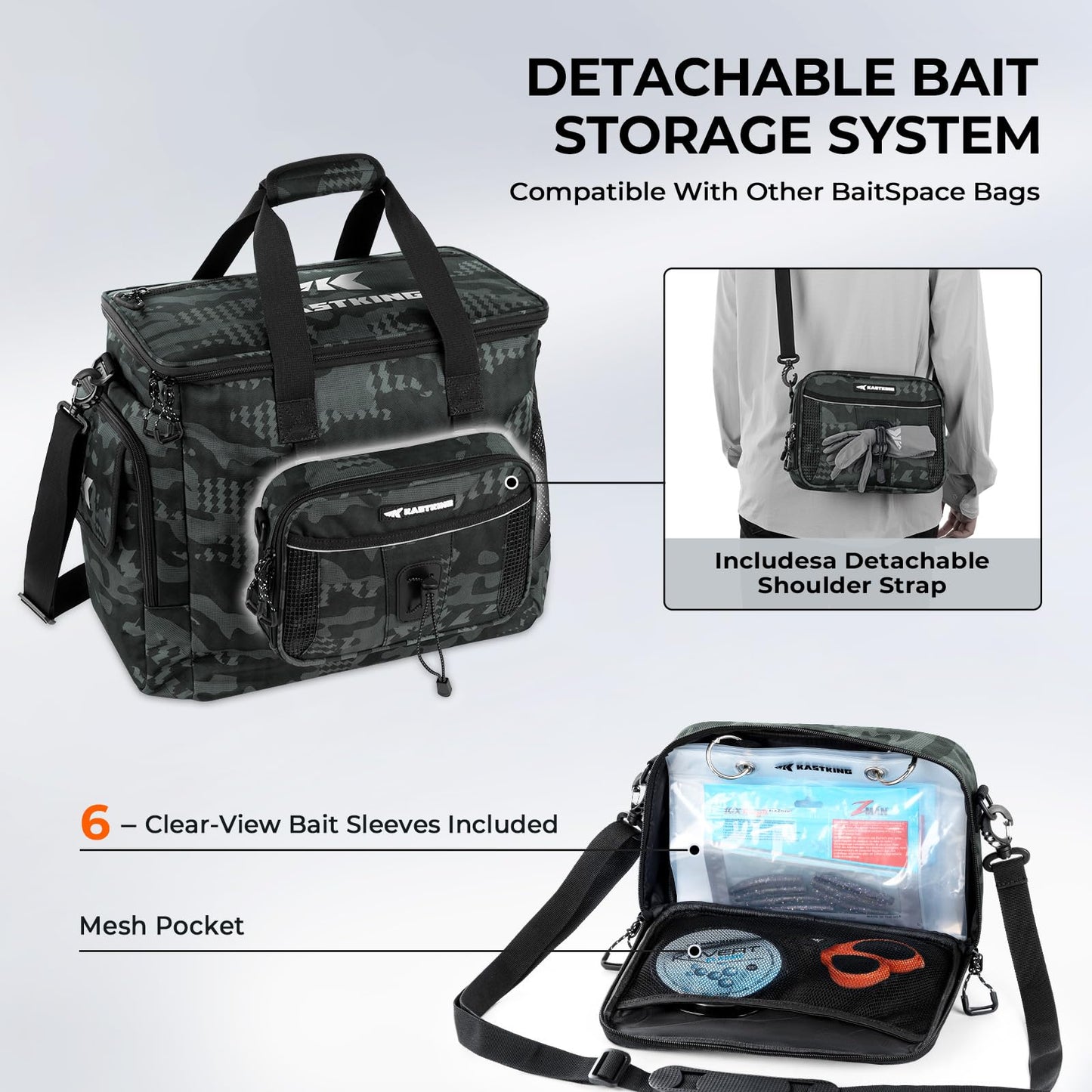 KastKing BaitSpace Fishing Tackle Bag With 4 Tackle Boxes & Removable Bait Binder, Water-Resistant Tackle Storage, Durable Fishing Gear, Adjustable Shoulder Strap