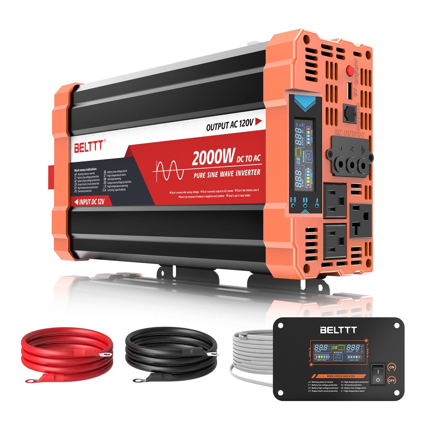 BELTTT 1000Watt Pure Sine Wave Inverter 12V DC to 120V AC for RV, Truck, Off-Grid Solar Car Power Inverter 12V to 110V Converter with Dual AC Socket and 5V 2.1A USB, Intelligent LCD, 2000W Peak