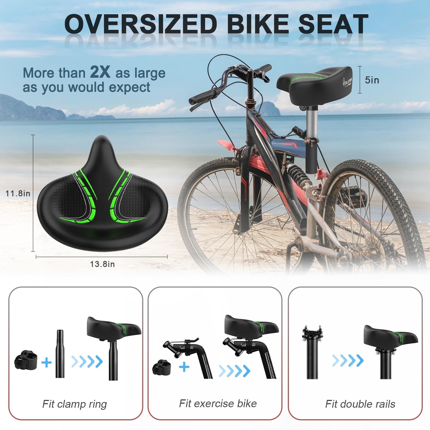 BLUEWIND Oversized Bike Seat, Wide Bicycle Saddle Novel Backrest Design for Electric Bike, Universal Fit Exercise Bike or Road Stationary Bike Seat Cushion for Men & Women