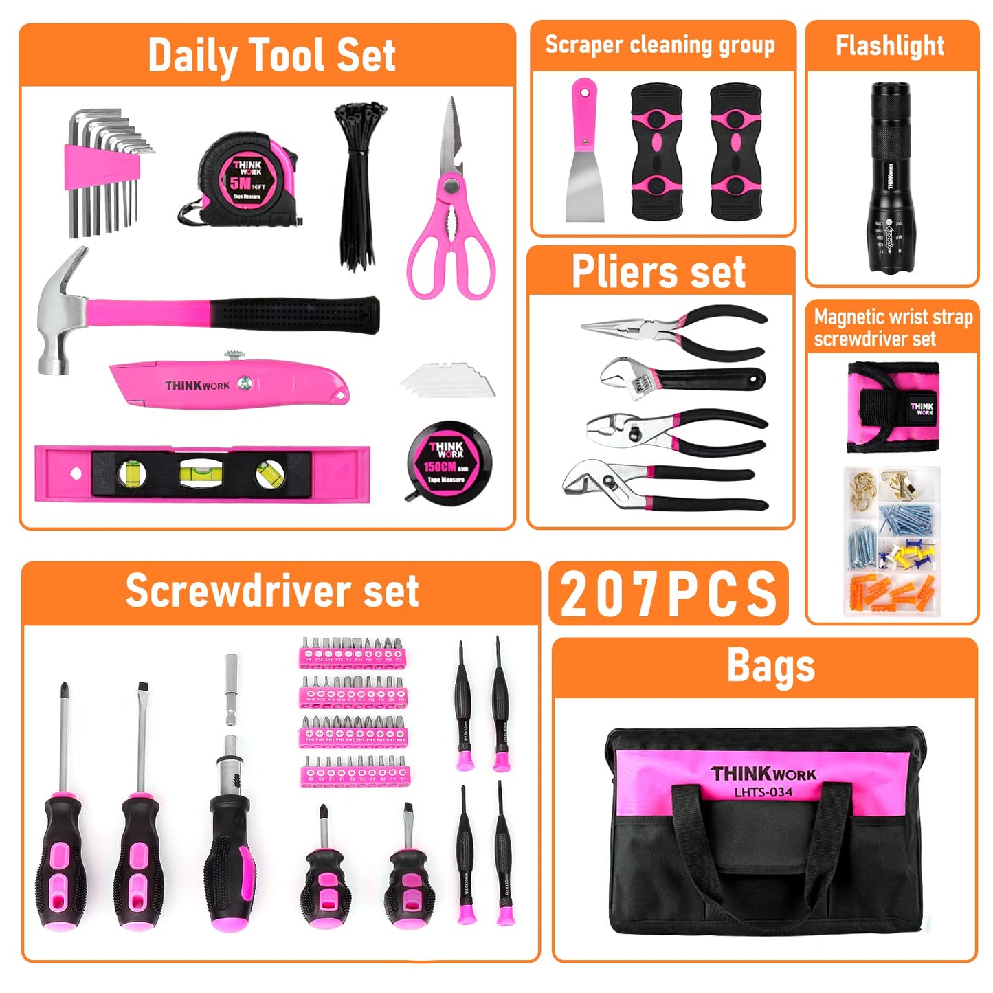 THINKWORK Tool Set - 207 Piece Portable Home Repairing Tool Kit, General Household Hand Tool Set with 13'' Wide Mouth Open Storage Tool Bag, Perfect for DIY, Home Maintenance, Handyman - Gift for Men
