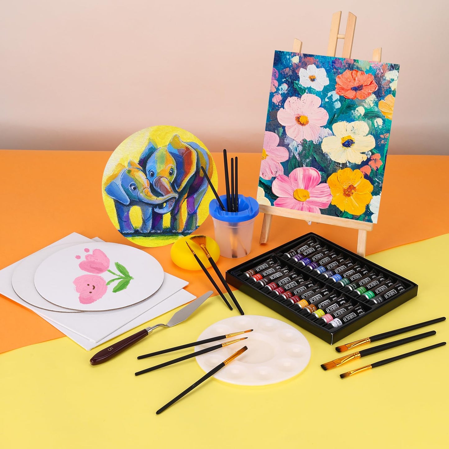 ESRICH Professional Acrylic Paint Set, 60PCS with Painting Brushes,Acrylic Paints,Easel,4 Sizes Blank Canvases,Palette, Paint Knives,Brush Cup and Art Sponges for Adults Hobbyists and Beginners