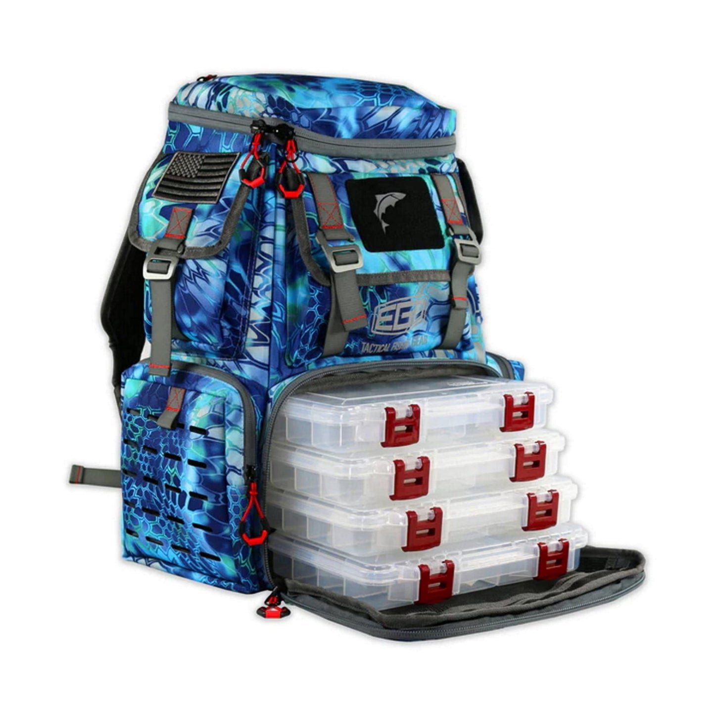 EGO Kryptek Tactical Tackle Box Backpack, Durable Fishing Tool Bag, 1000D Nylon Fabric with PVC Back, Water-Resistant, Multiple Storage Pockets, Laser-Cut Molle Loops, Includes 4 Tackle Trays