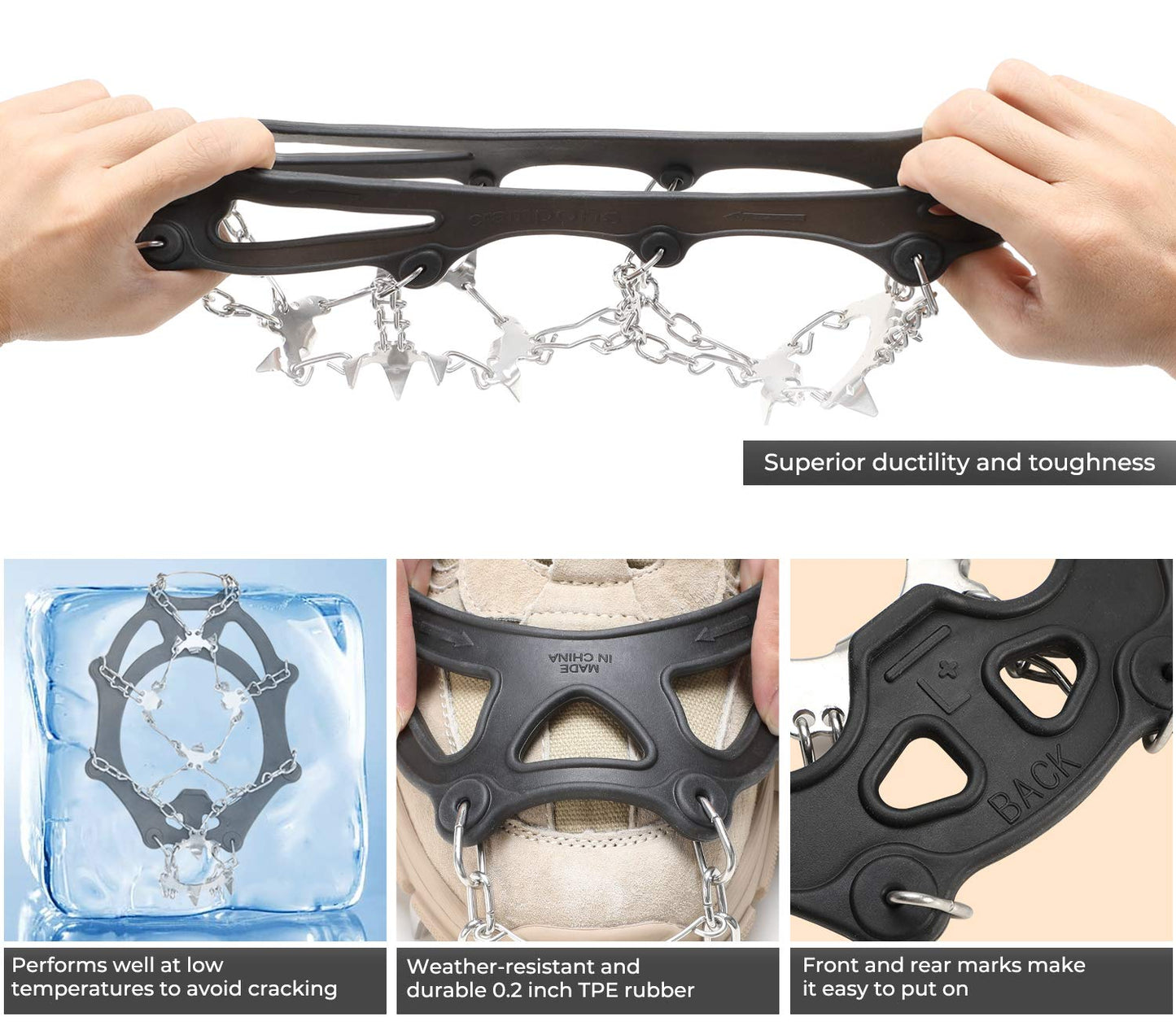 Sportneer Crampons, Traction Cleats Ice Snow Grips with 19 Stainless Steel Spikes, Ice Cleats Traction Snow Grips for Boots Shoes, Crampons Ice Cleats for Women Men Hiking Jogging Climbing And Fishing