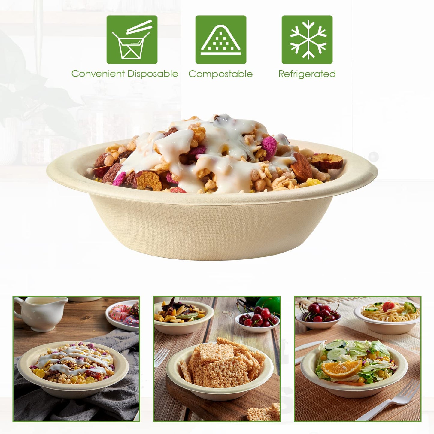 Vplus 500 Pack 12 OZ Paper Bowls Bulk, Disposable Compostable, Eco-friendly Bagasse, Heavy-duty Bowls Perfect for Milk Cereals, Snacks, Salads