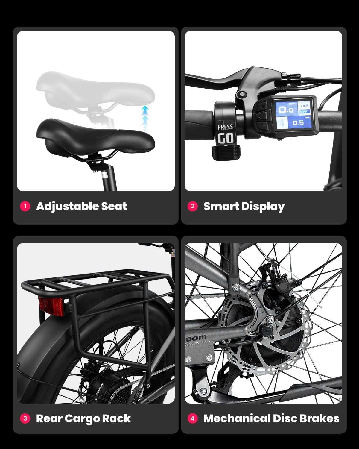 VEEFA Electric Bike 750W/Peak 1000W Motor 48V 13AH Removable Battery Electric Bicycle for Adults 26" x 4.0" Fat Tire Ebike 28MPH E Bike 7-Speed UL 2849 Certified