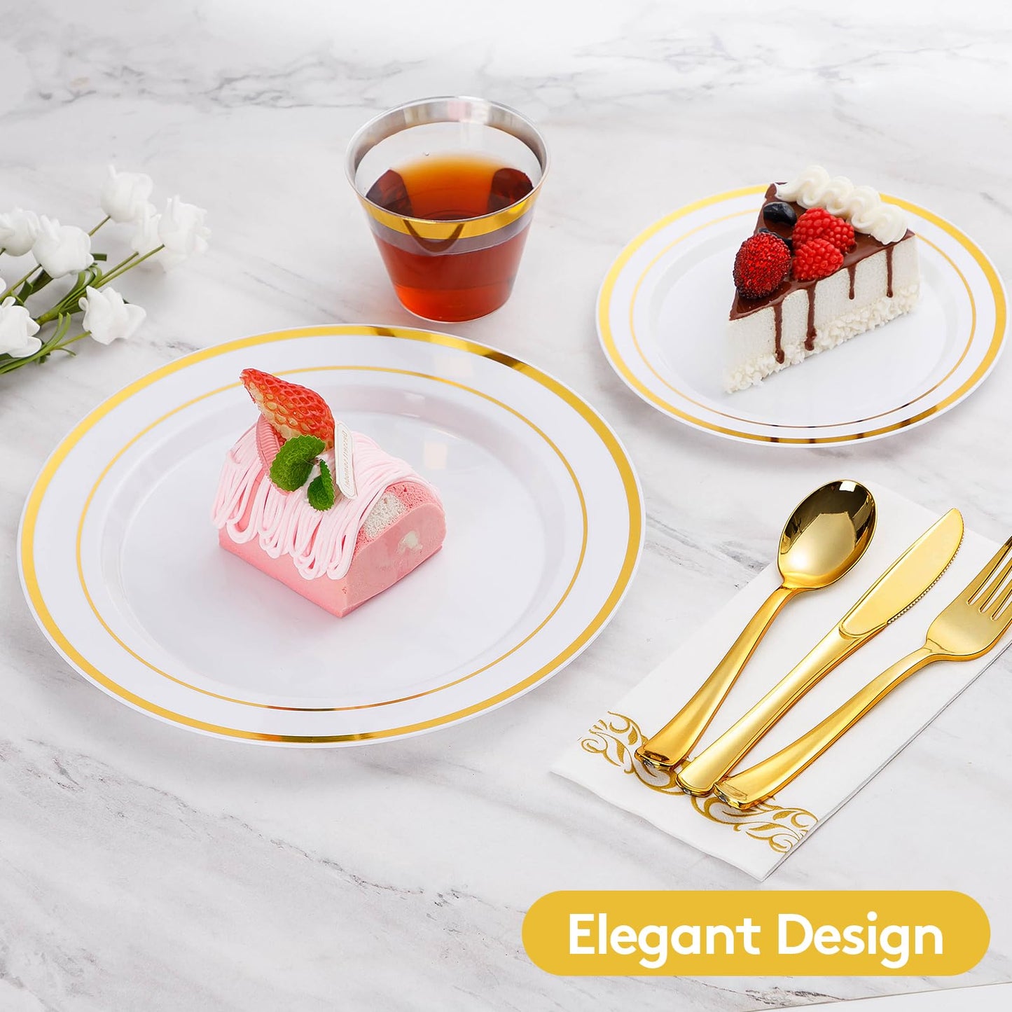 Goodluck 700 Piece Silver Dinnerware Set for 100 Guests, Disposable Plastic Plates for Party, Include: 100 Dinner Plates, 100 Dessert Plates, 100 Paper Napkins, 100 Cups, 100 Silverware set