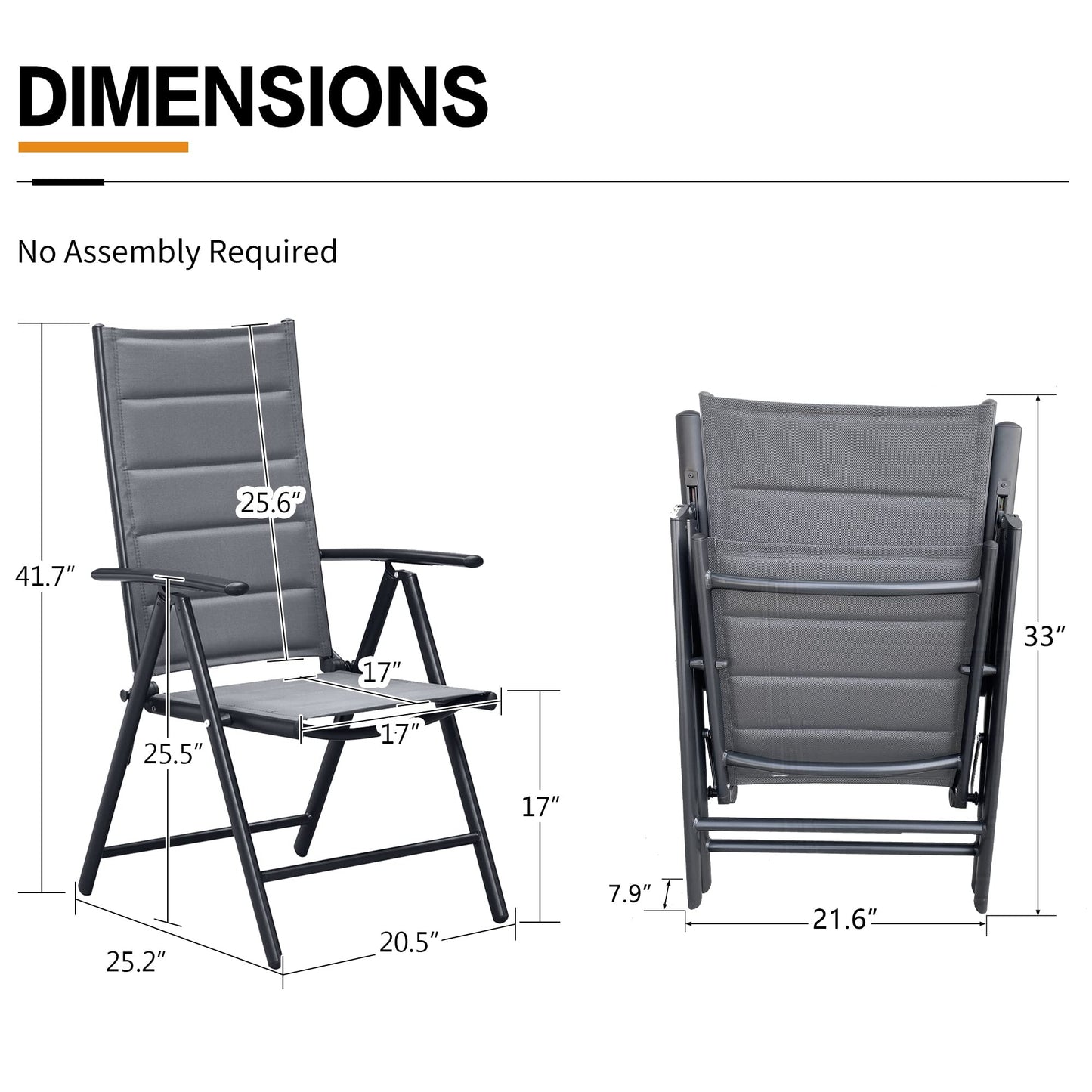 PURPLE LEAF 9 Pieces Outdoor Patio Dining Set with 8 Folding Portable Chairs and 1 Rectangle Aluminum Table, Foldable Adjustable High Back Reclining Chairs with Soft Cotton-Padded Seat, Grey