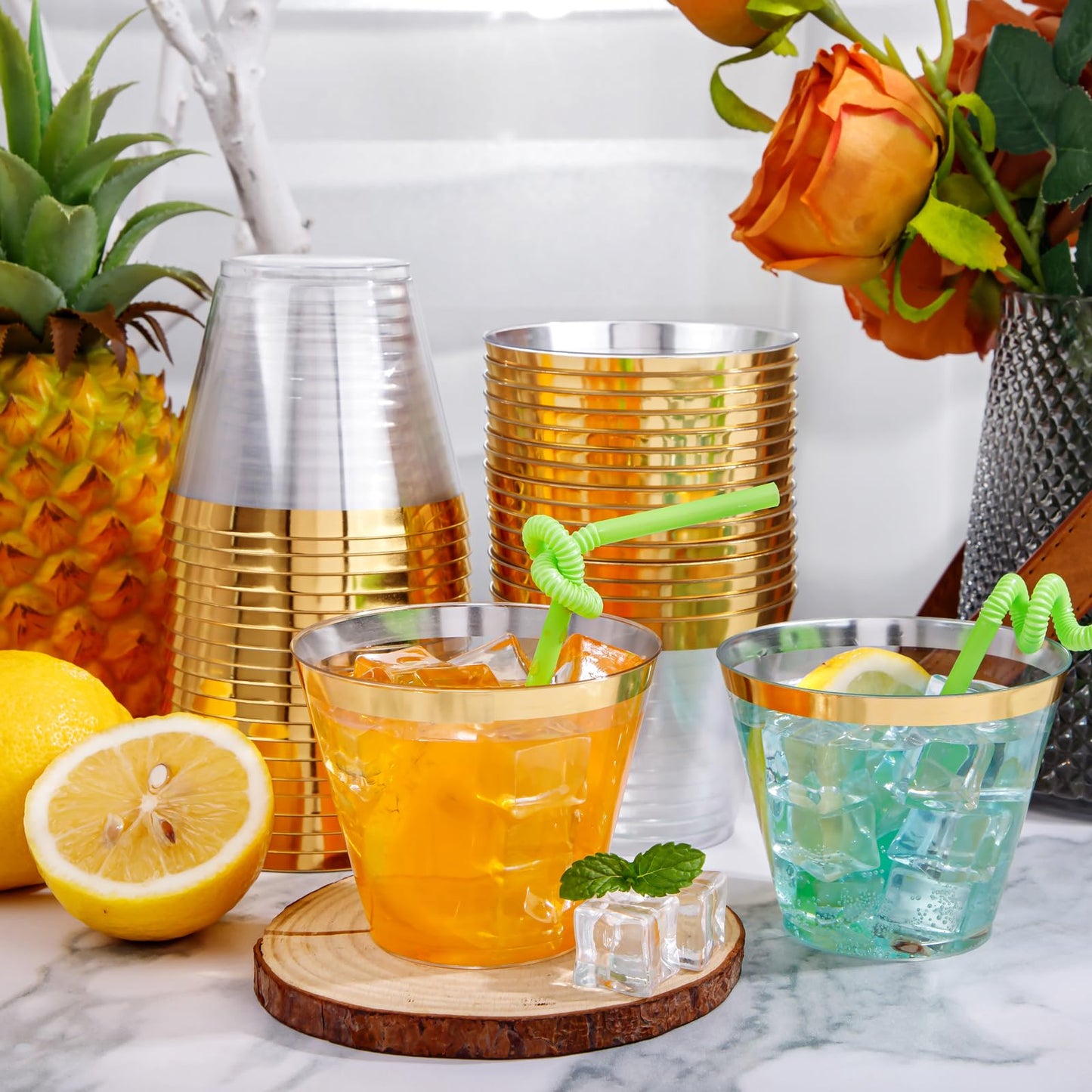 I00000 200 Pack Gold Plastic Cups, 9 Oz Elegant Clear Plastic Cups Gold Rimmed Disposable Wine Glasses Fancy Disposable Party Cups Wedding Cups Drinking Tumblers Plastic Cocktail Glasses with Gold Rim