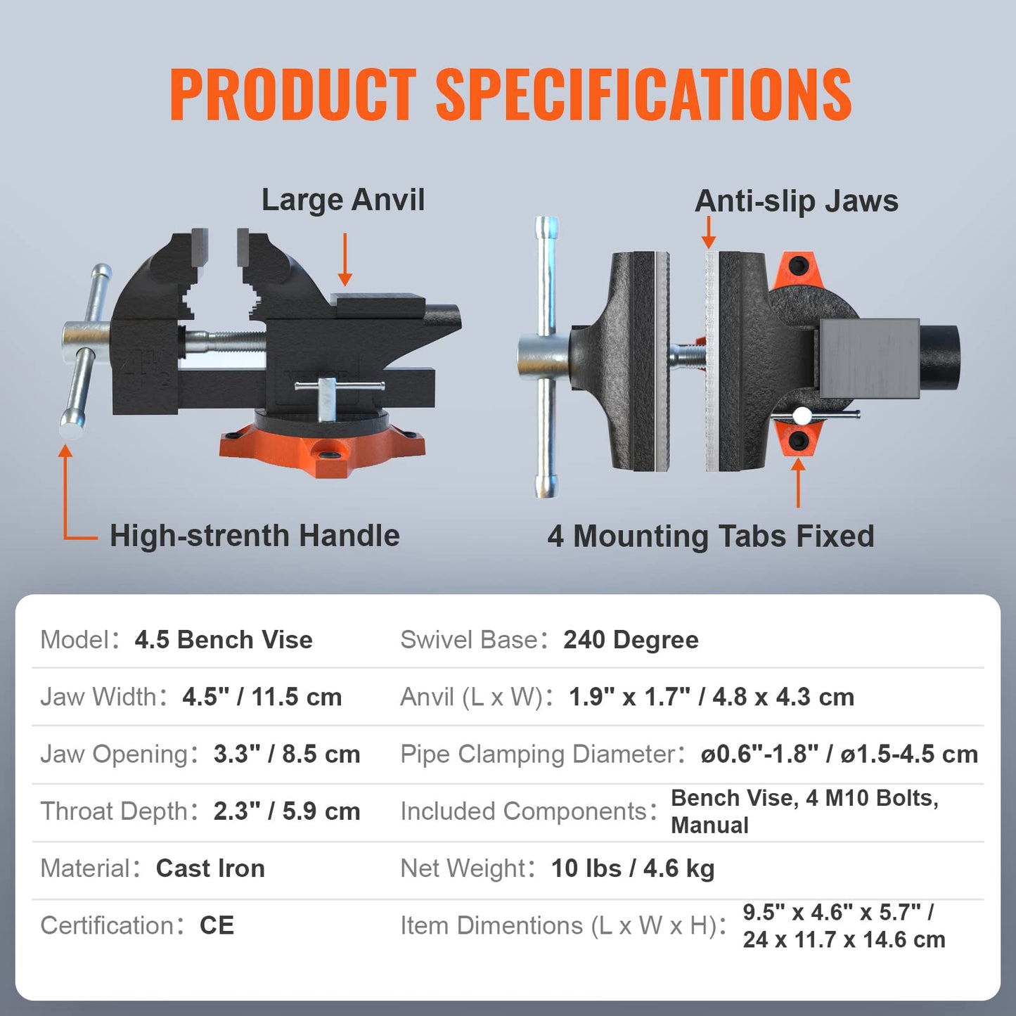 VEVOR Bench Vise, 6-inch Jaw Width 5.9-inch Jaw Opening, 360-Degree Swivel Locking Base Multipurpose Vise w/Anvil, Heavy Duty Ductile Iron Workbench Vise w/Bolts & Nuts, for Drilling, Pipe Cutting