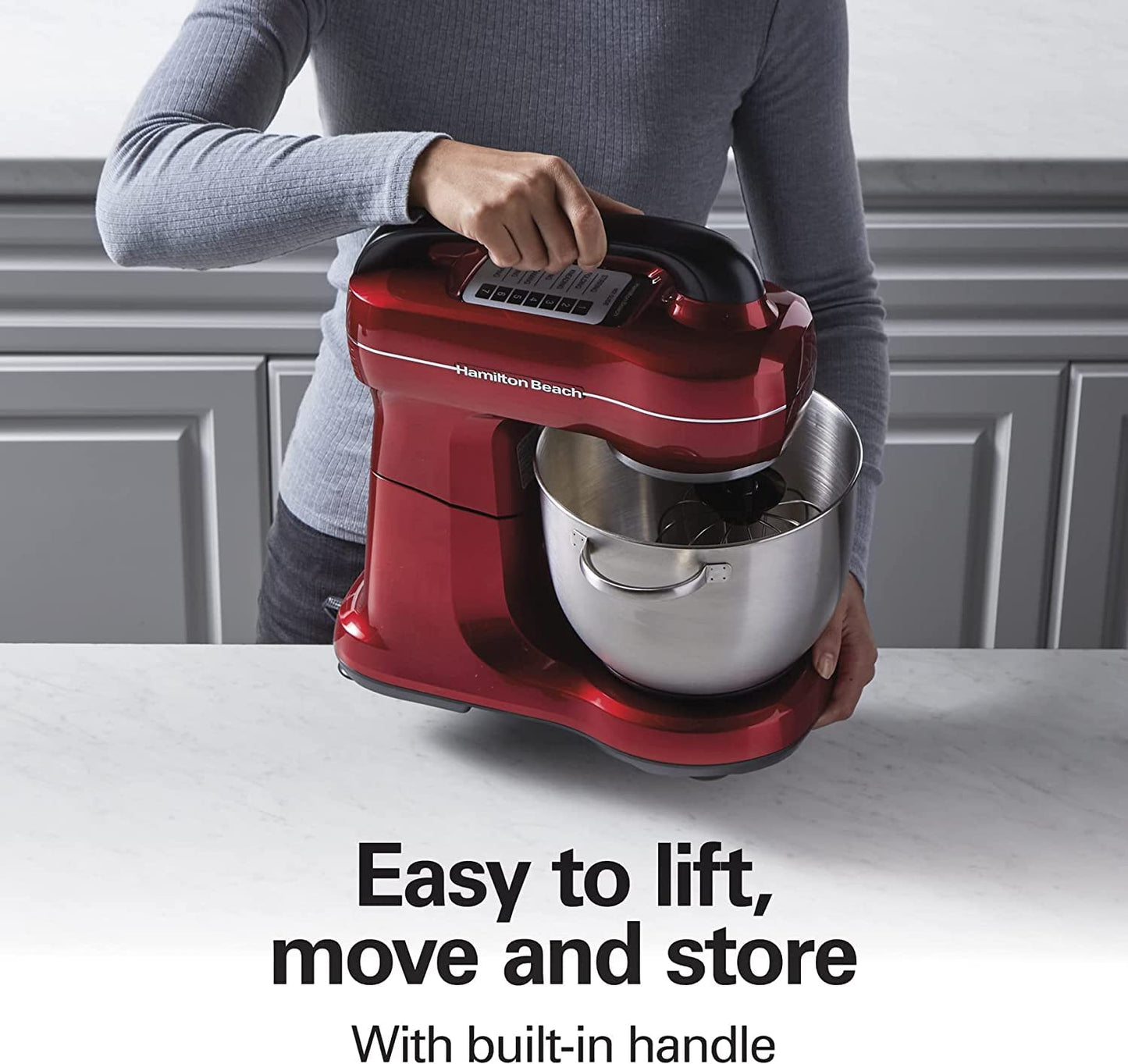 Hamilton Beach Electric Stand Mixer, 4 Quarts, Dough Hook, Flat Beater Attachments, Splash Guard, 7 Speeds with Whisk, Easy-Carry Top Handle, Blue