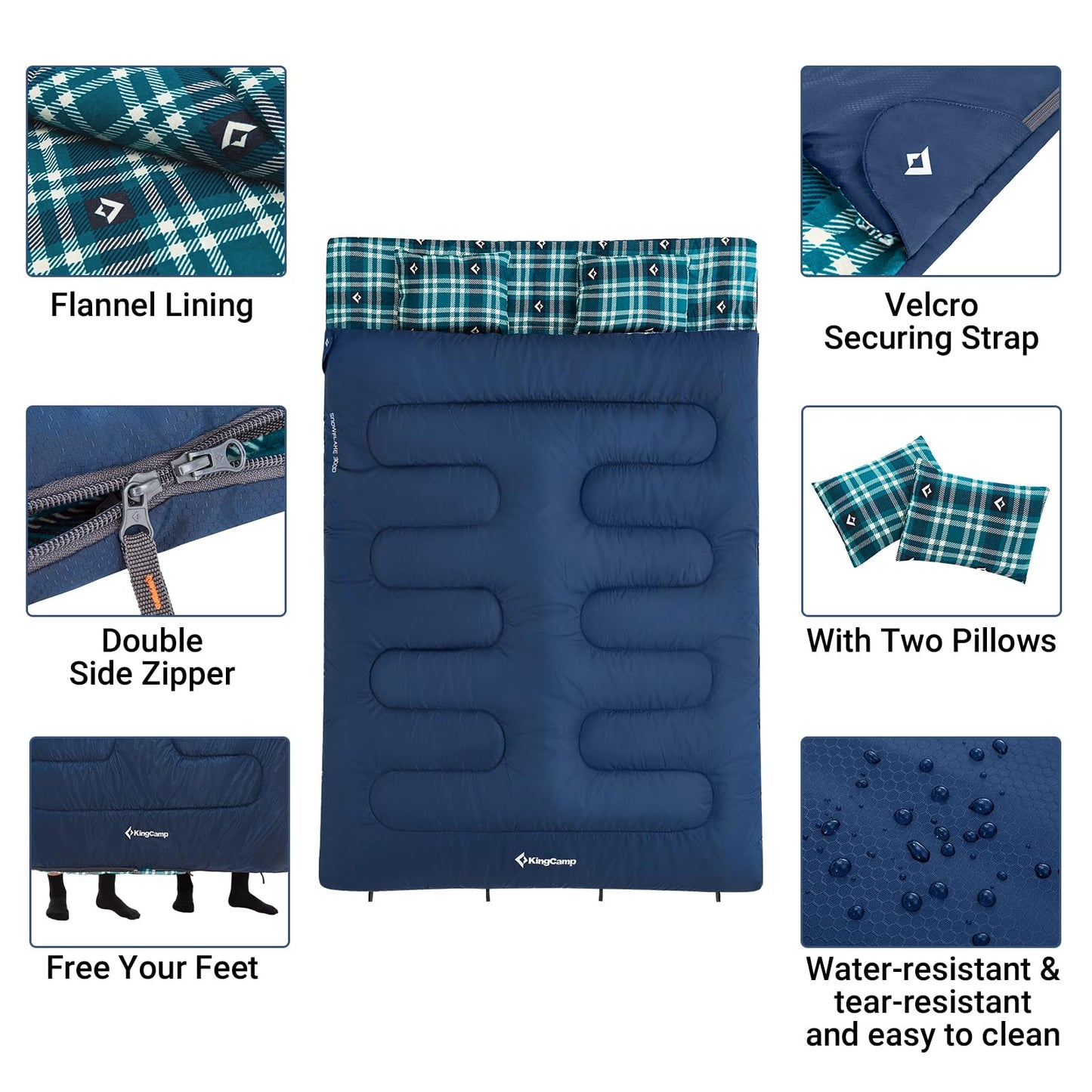 KingCamp Queen Size 2 Person Double Sleeping Bags with Pillows for Adults, 20 Degree Lightweight Backpacking Quilts for Couples Family Camping Hiking and Outdoors, Waterproof