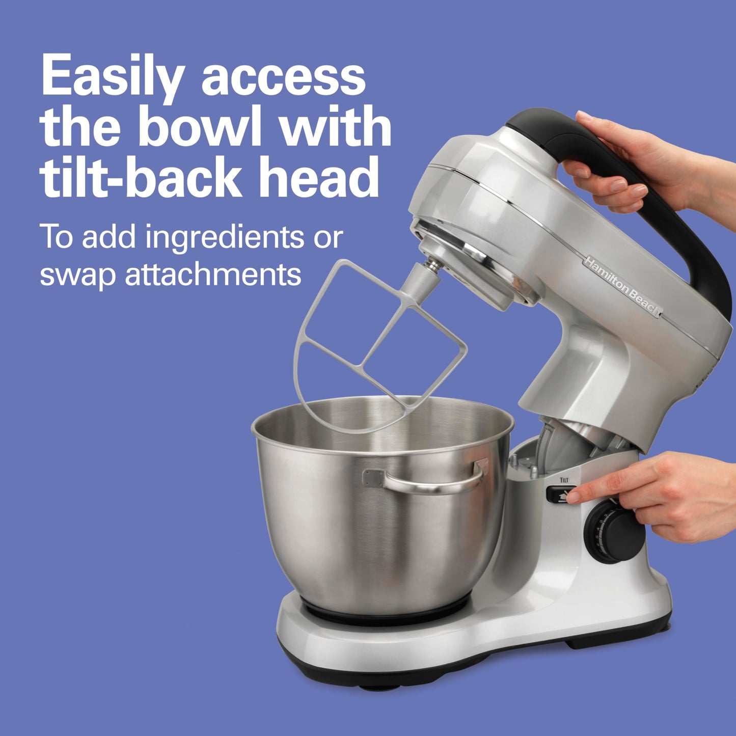 Hamilton Beach Electric Stand Mixer, 4 Quarts, Dough Hook, Flat Beater Attachments, Splash Guard, 7 Speeds with Whisk, Easy-Carry Top Handle, Blue